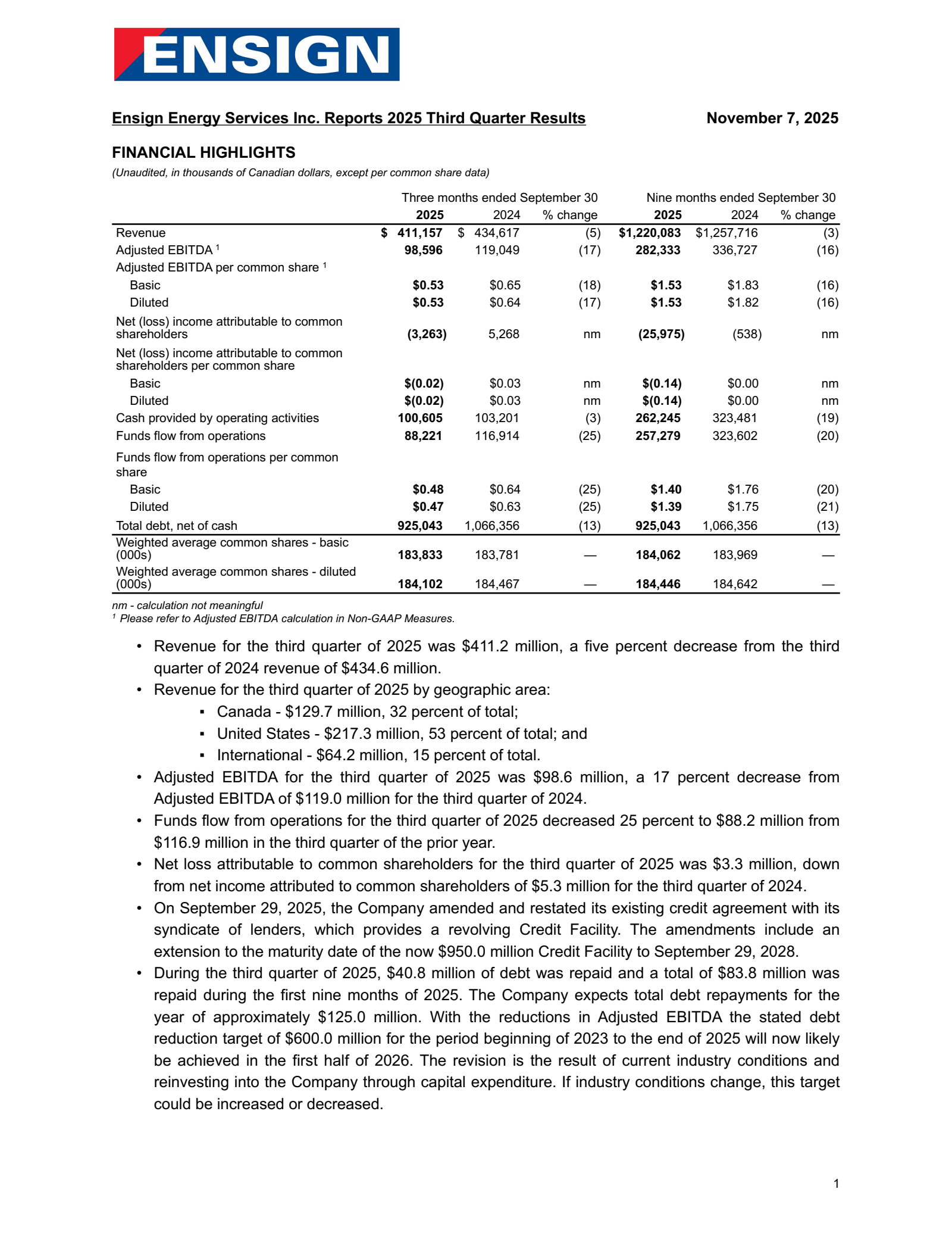 Ensign Energy Services' Q3 2025 Earnings Release
