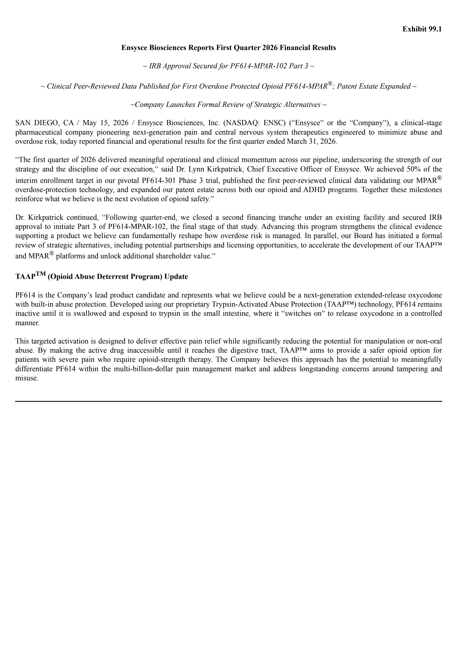 Ensysce Biosciences' Q1 2026 Press Release
