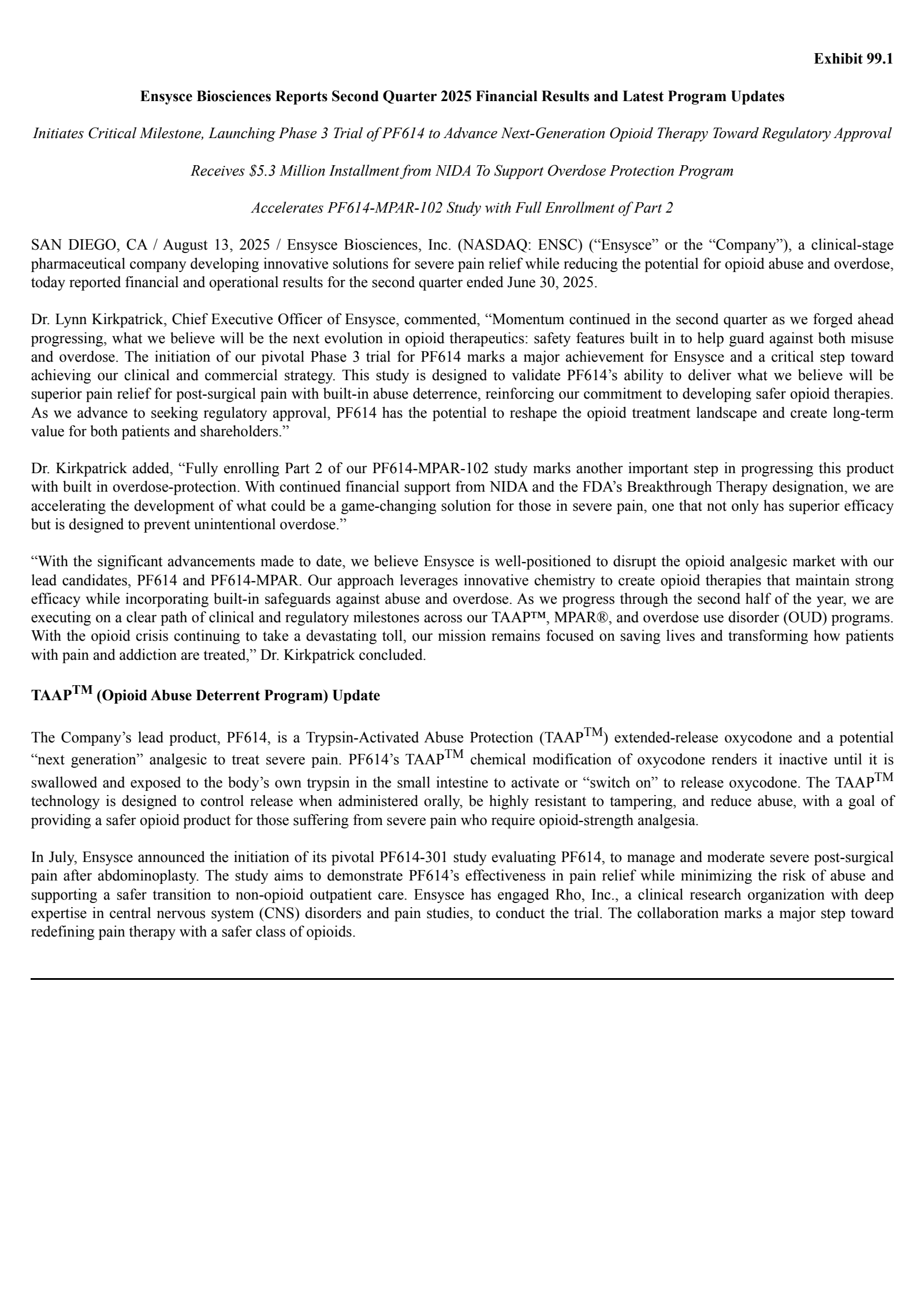 Ensysce Biosciences' Q2 2025 Press Release