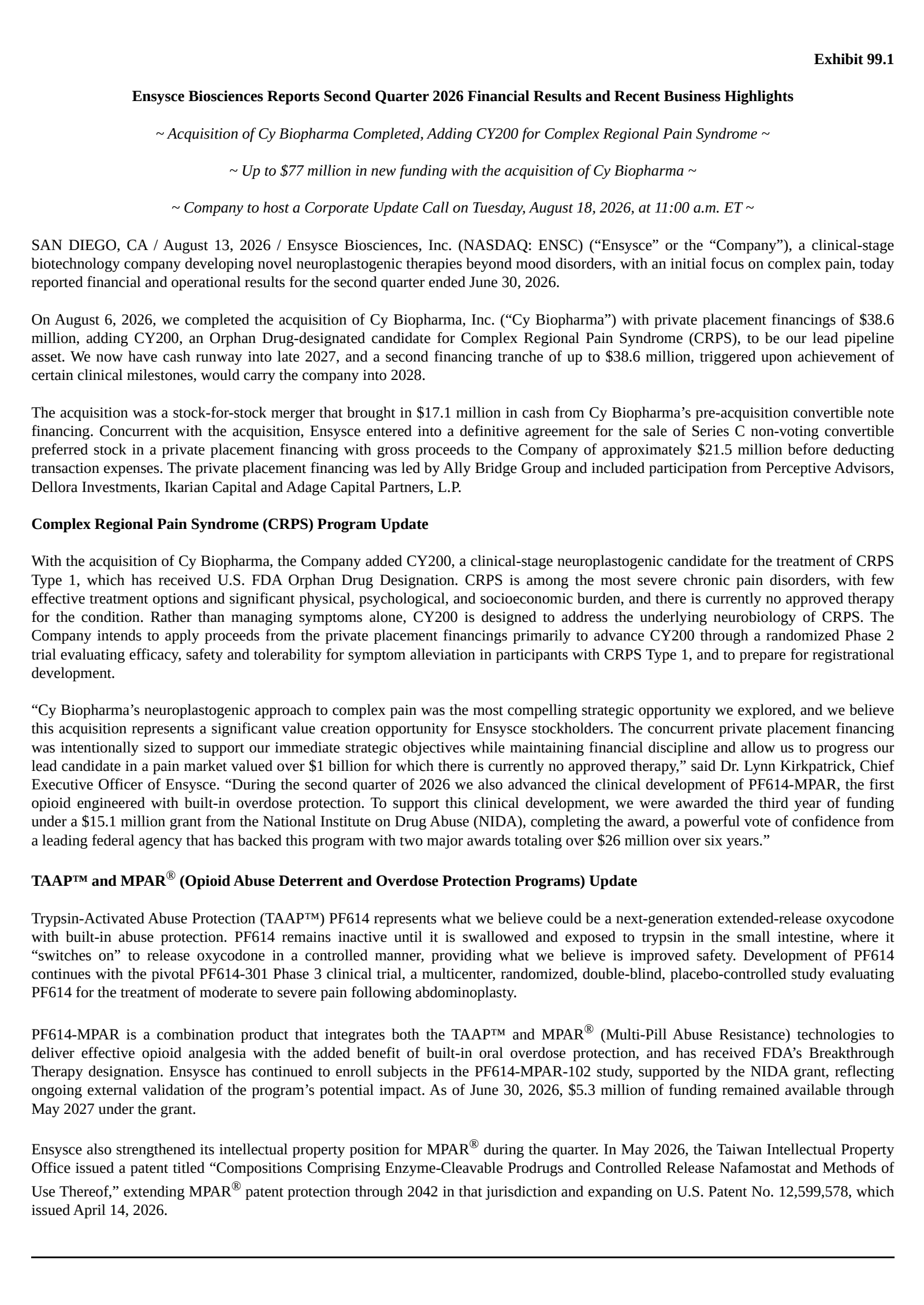 Ensysce Biosciences' Q2 2026 Press Release