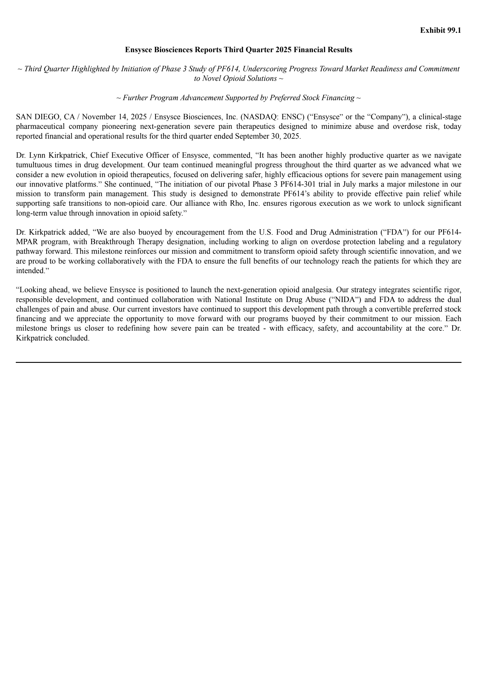 Ensysce Biosciences' Q3 2025 Earnings Release