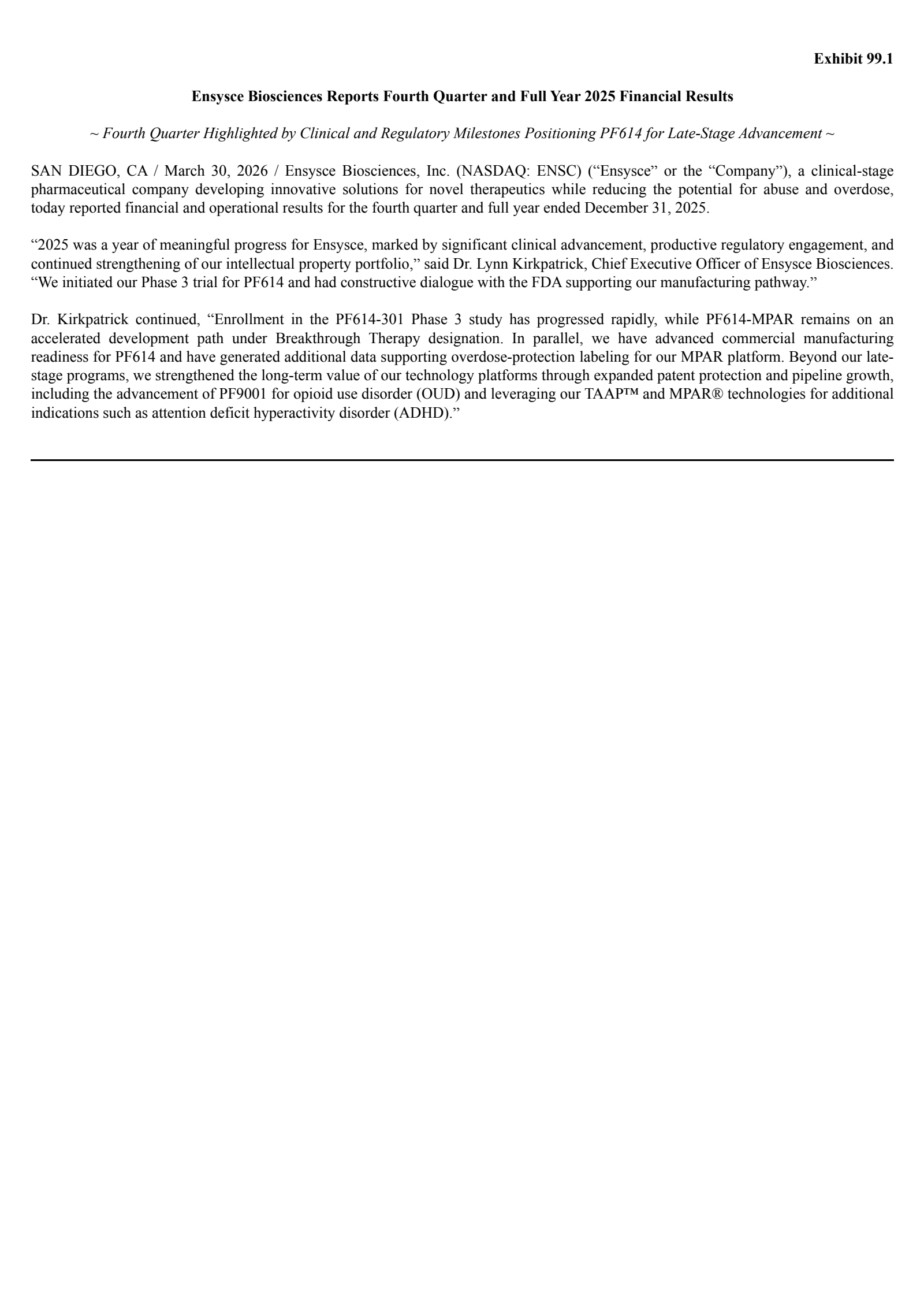 Ensysce Biosciences' Q4 2025 Press Release