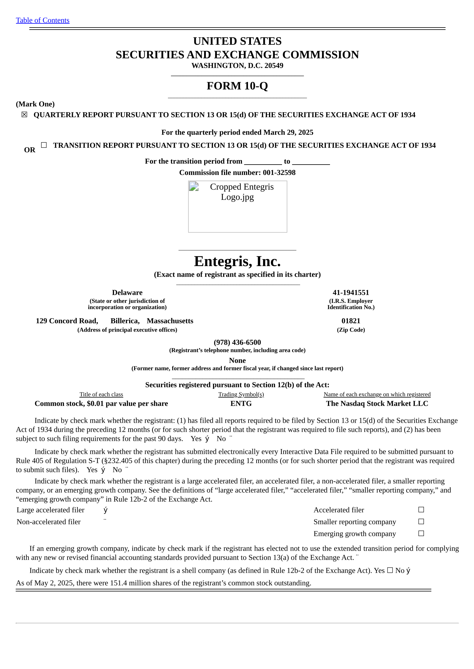 Entegris' Q1 2025 Quarterly report