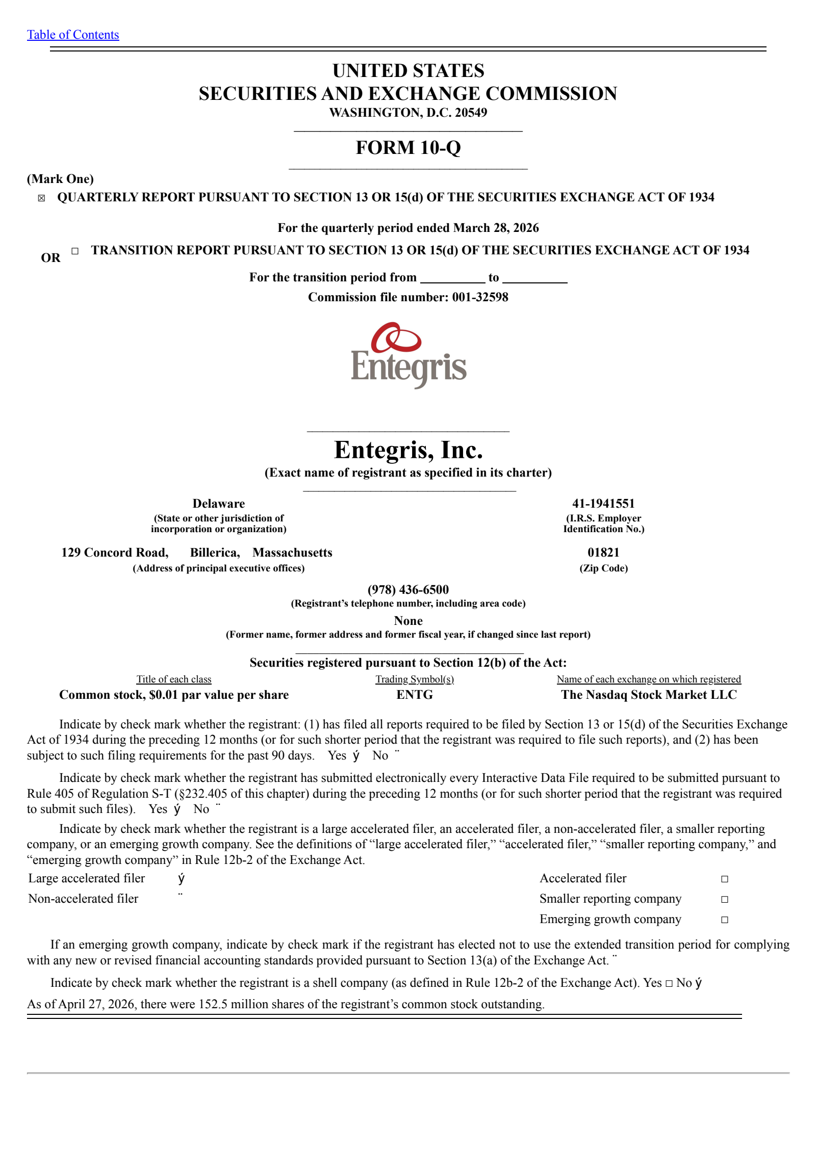 Entegris' Q1 2026 Quarterly report