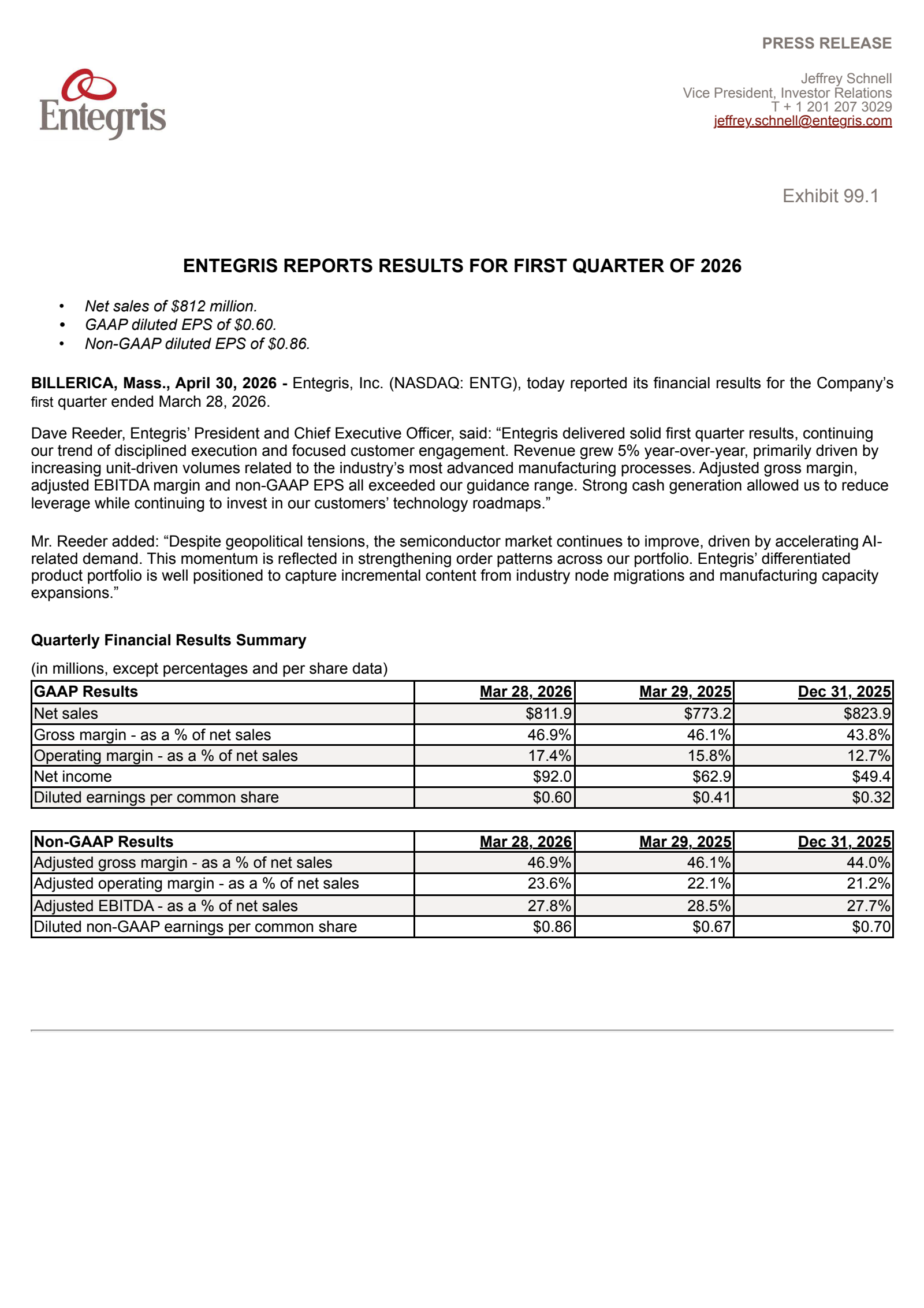 Entegris' Q1 2026 Press Release