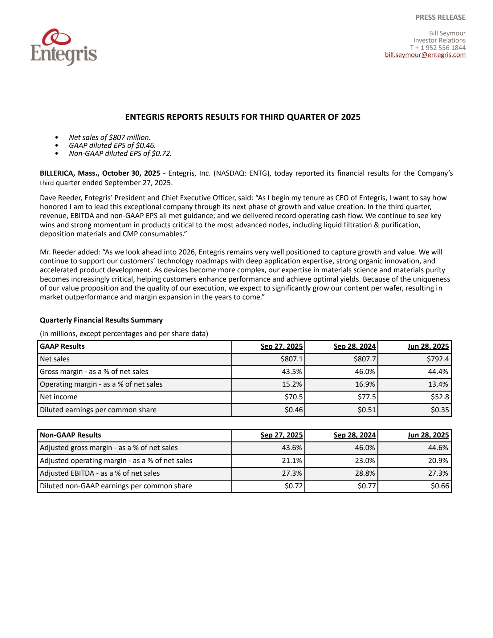 Entegris' Q3 2025 Earnings Release