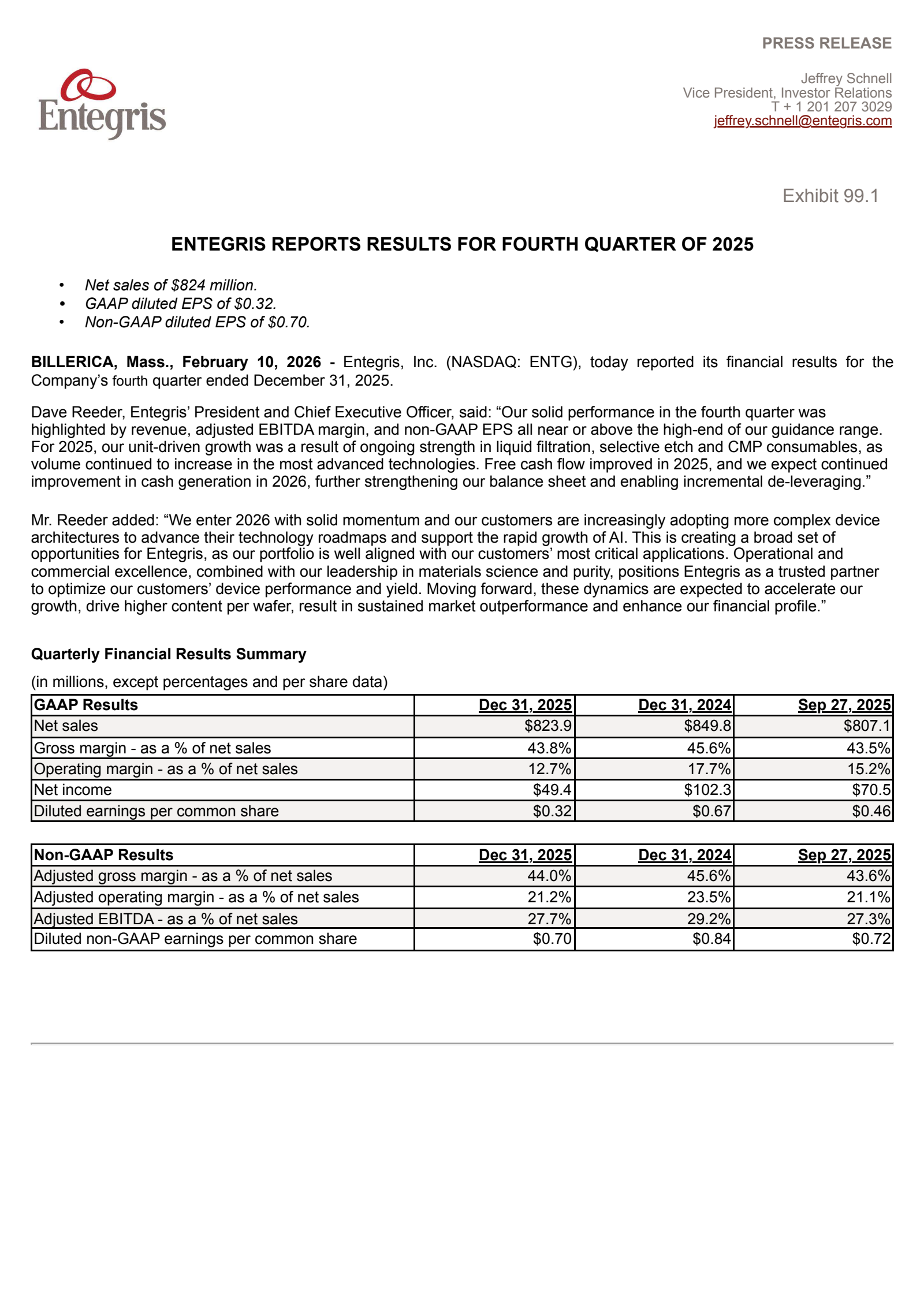 Entegris' Q4 2025 Press Release