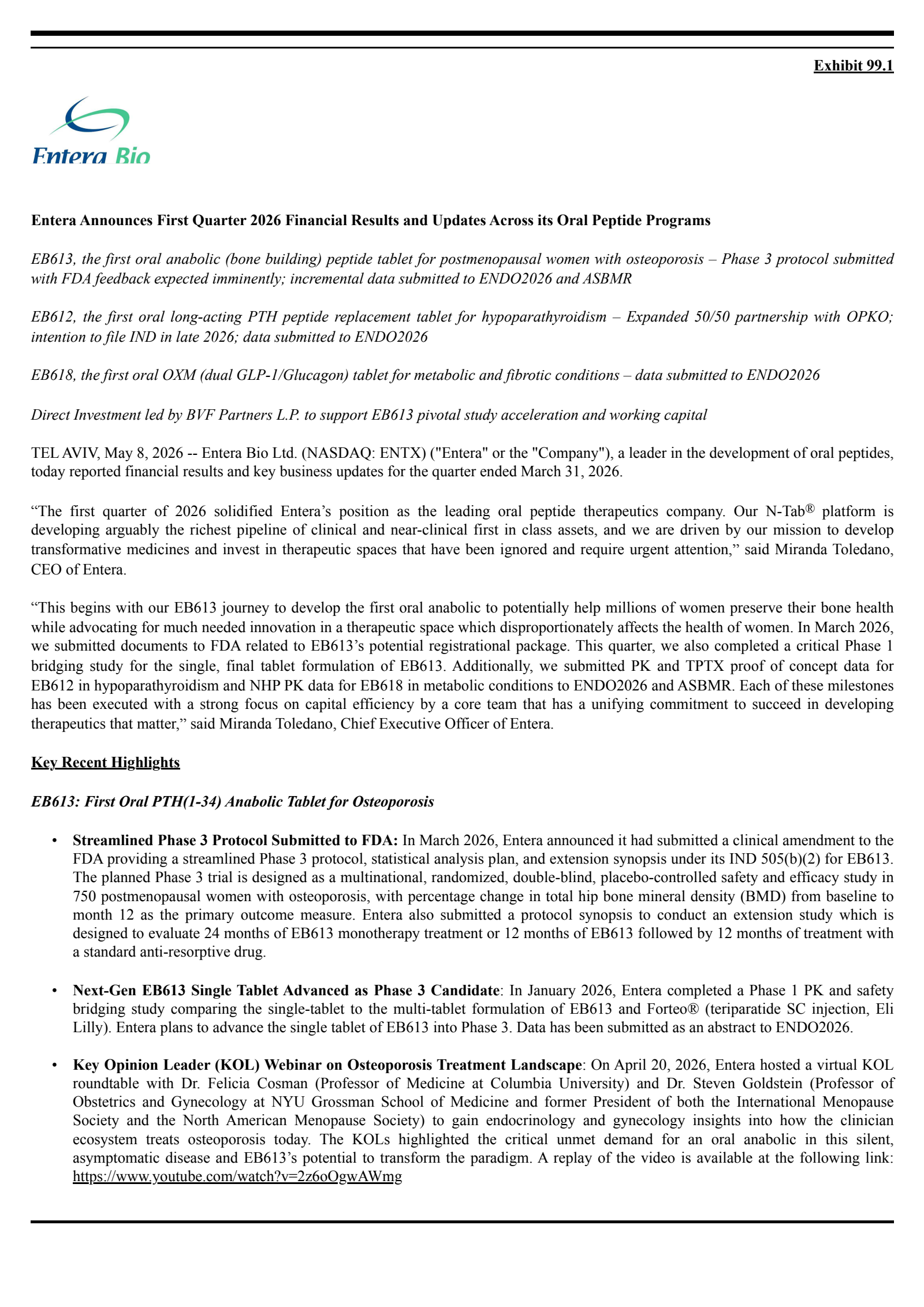 Entera Bio's Q1 2026 Press Release