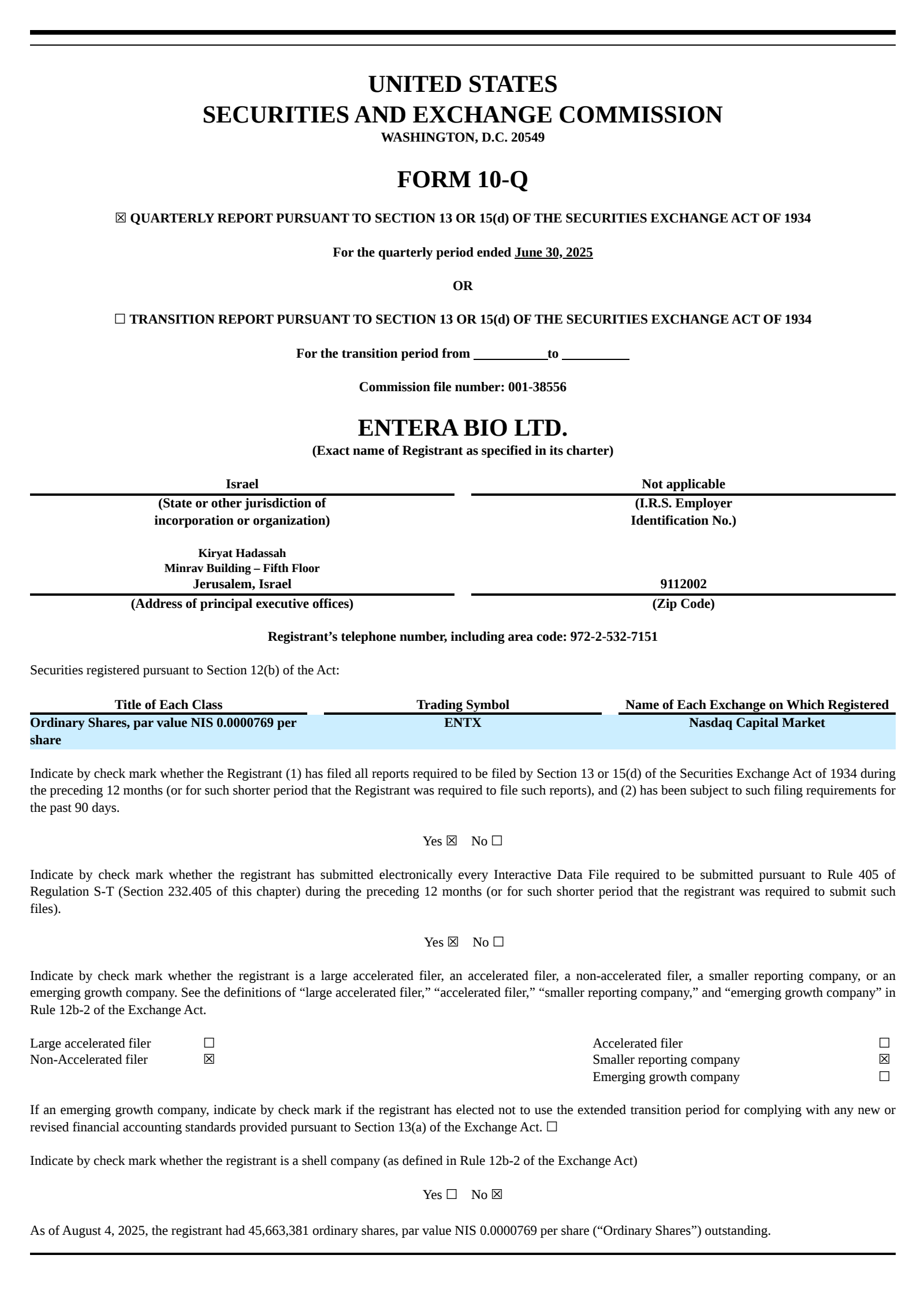 Entera Bio's Q2 2025 Quarterly report