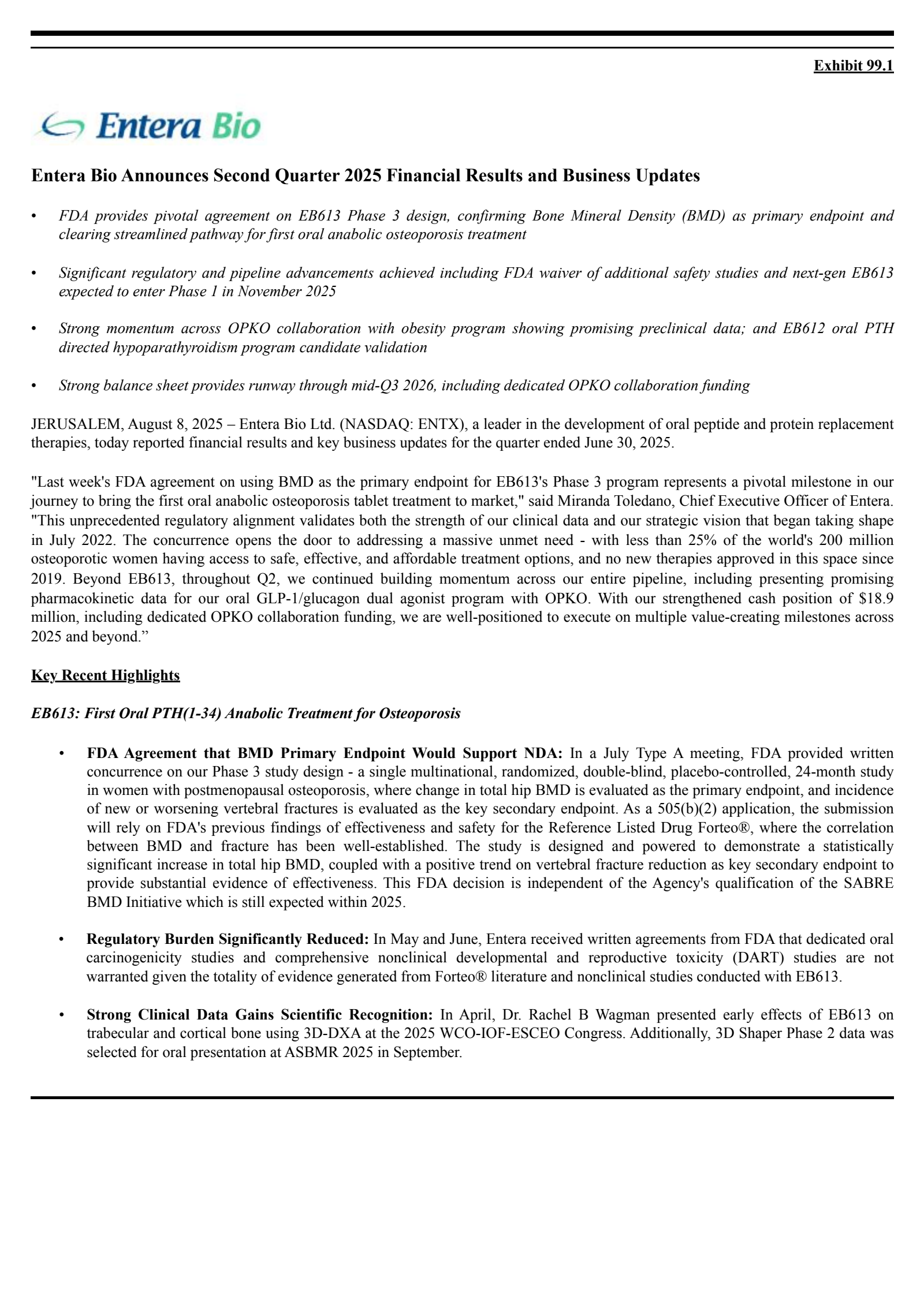 Entera Bio's Q2 2025 Press Release