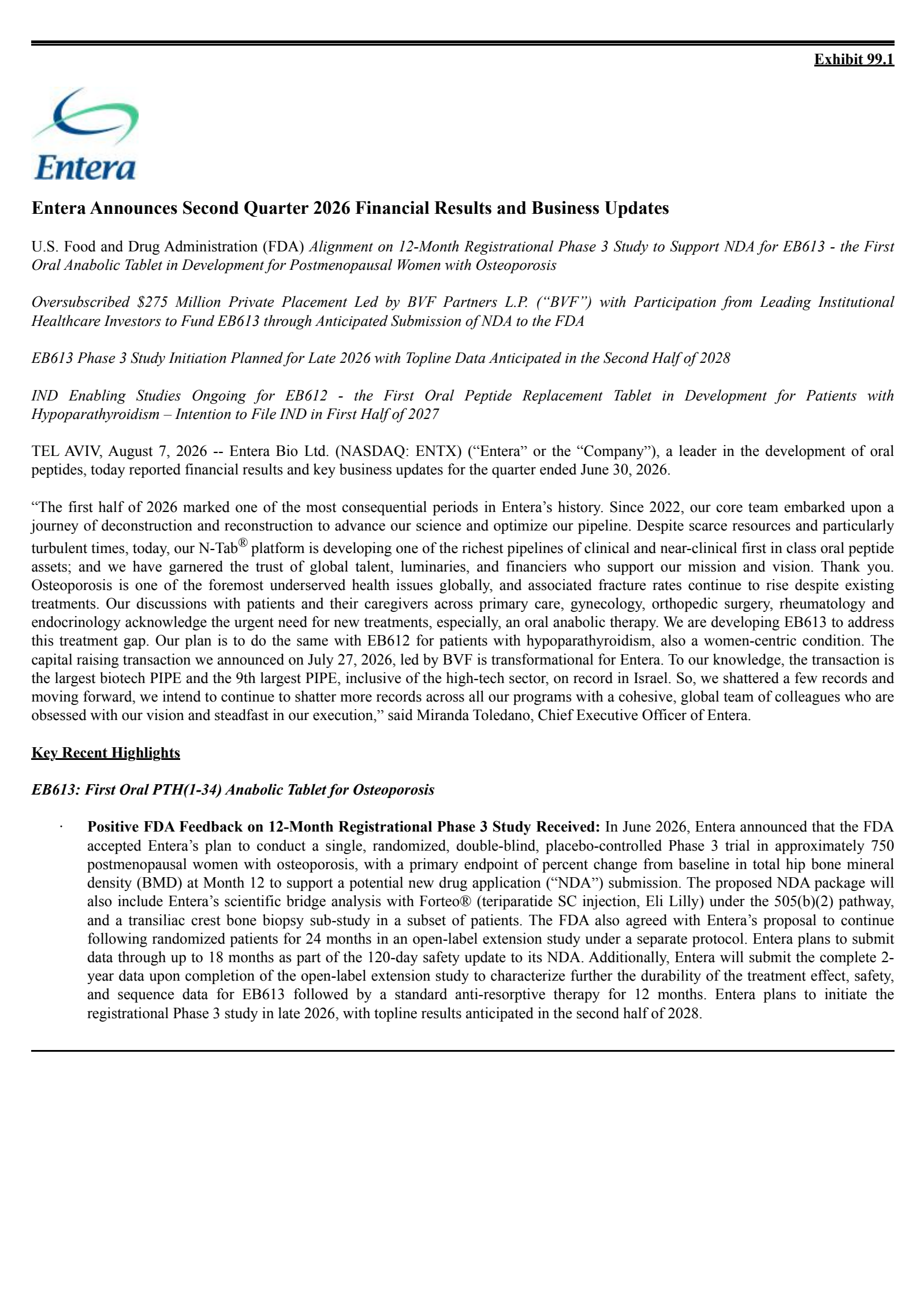 Entera Bio's Q2 2026 Press Release