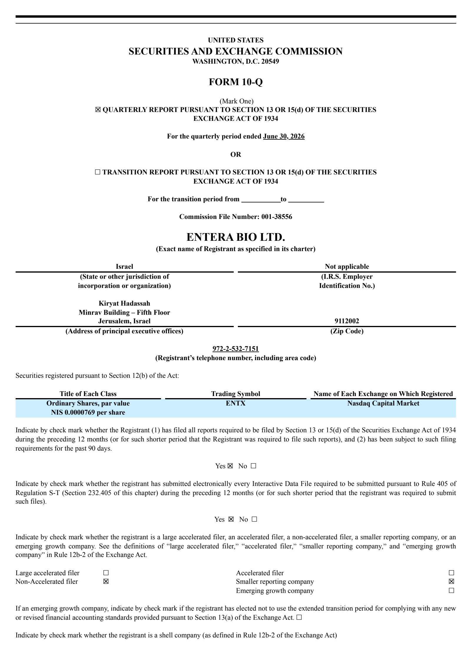 Entera Bio's Q2 2026 Quarterly report