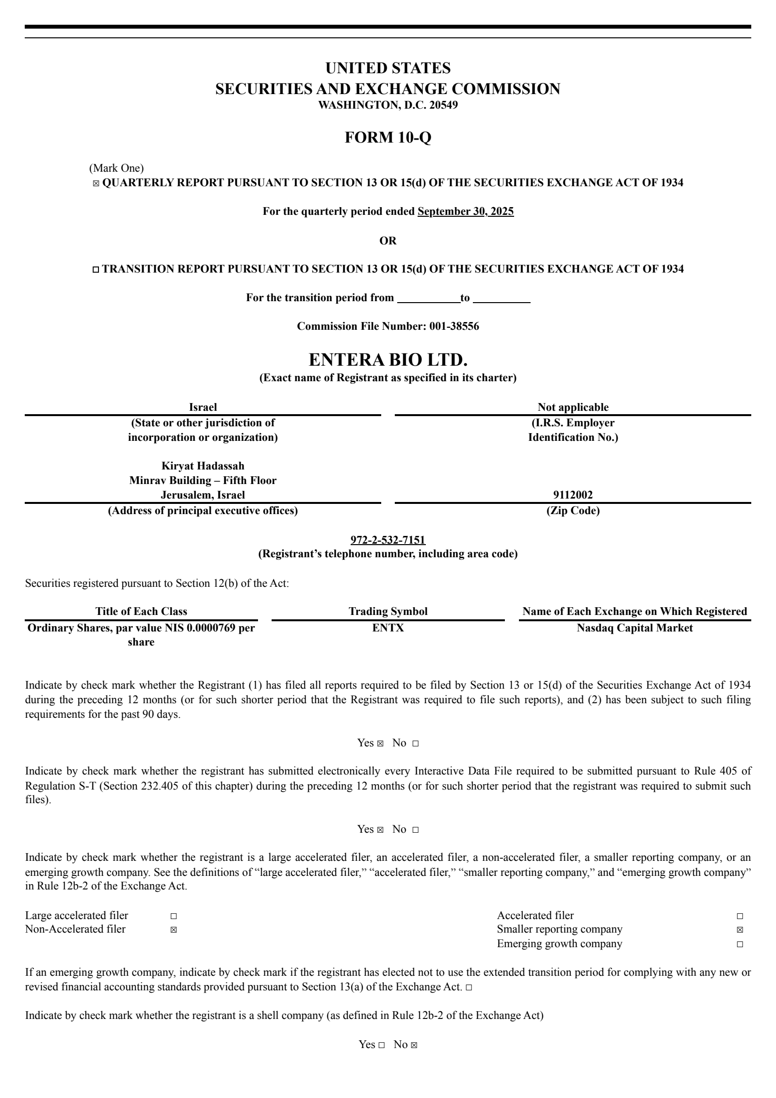Entera Bio's Q3 2025 Quarterly Report