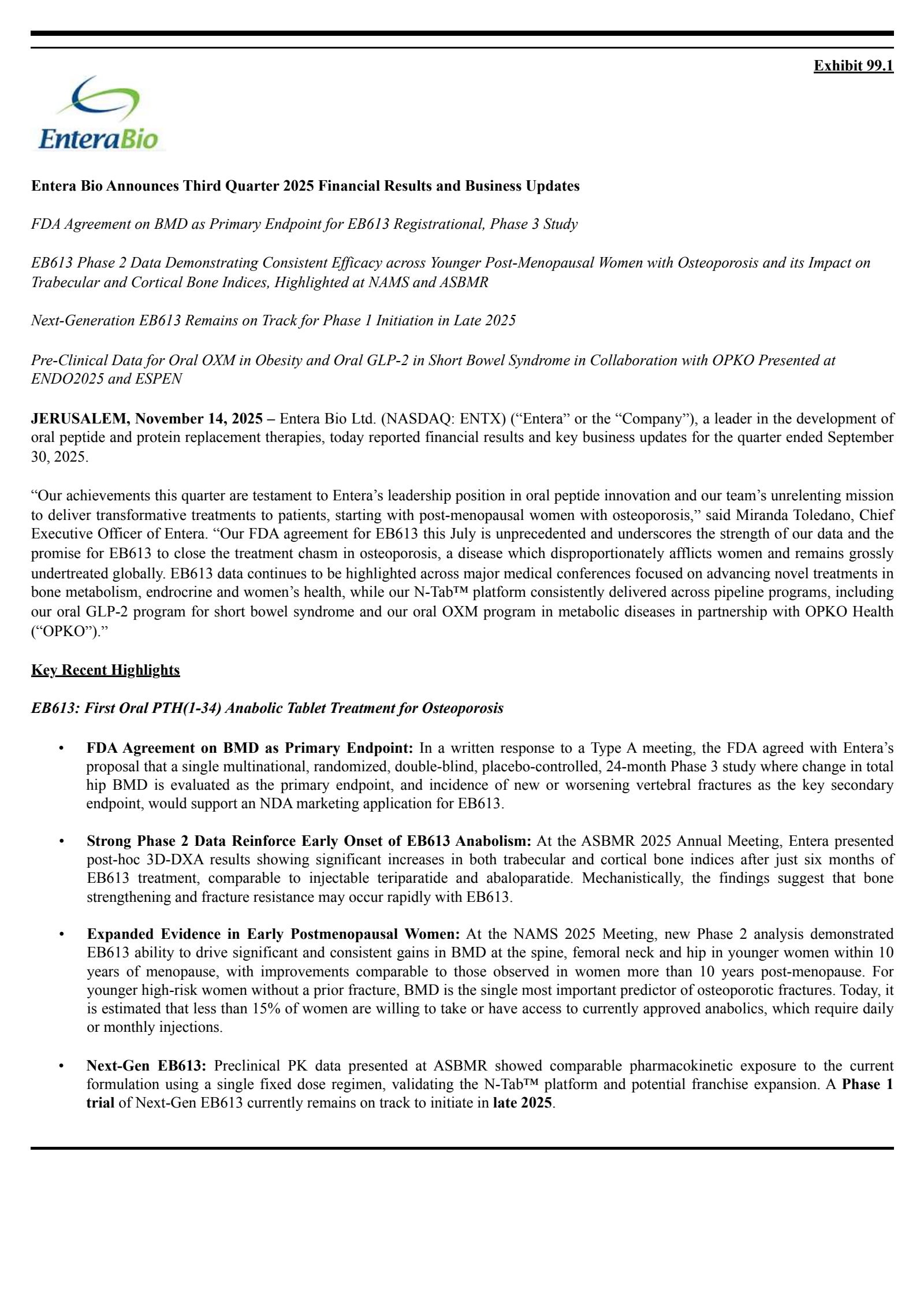 Entera Bio's Q3 2025 Earnings Release