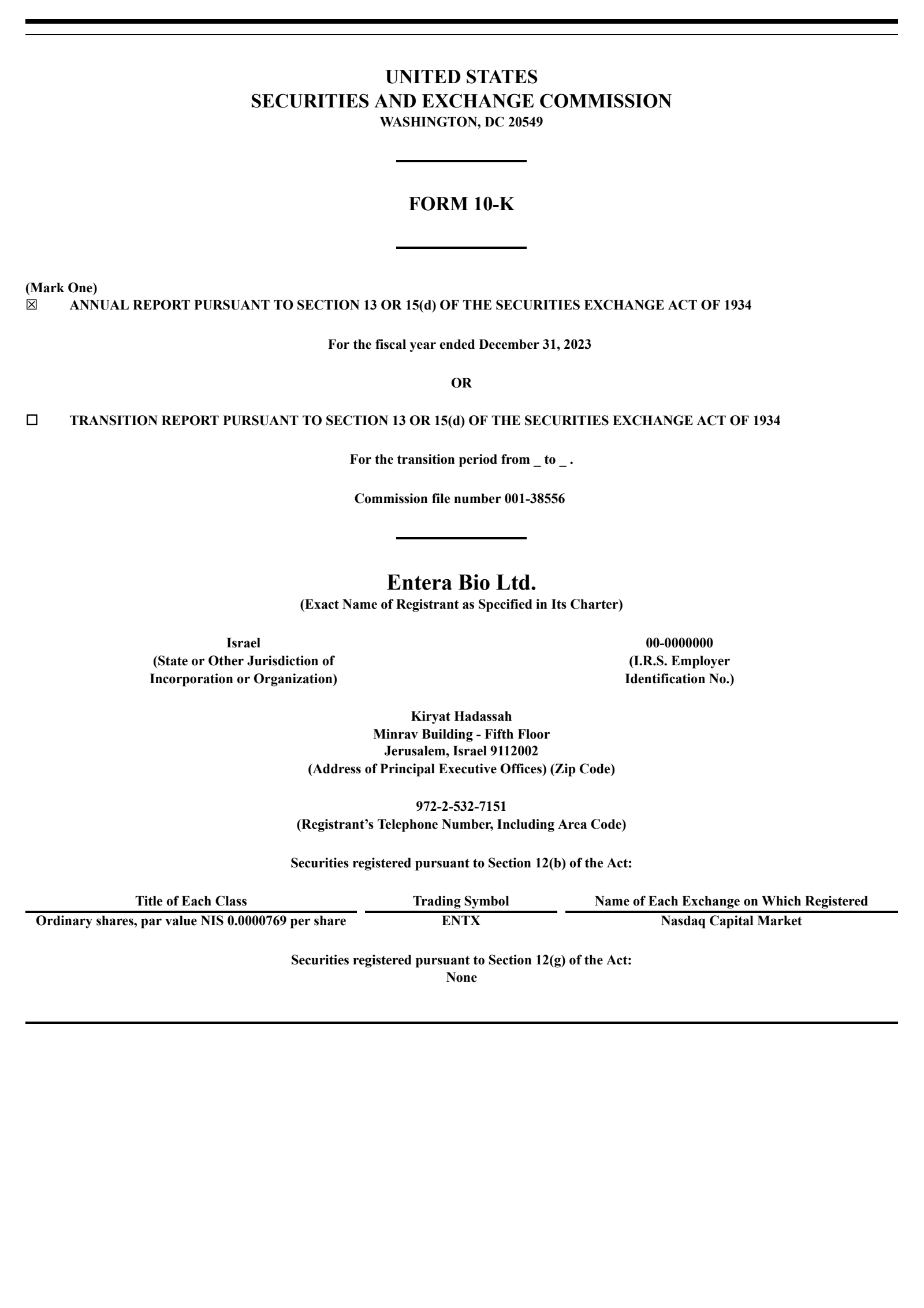 Entera Bio's Q4 2023 Annual Report