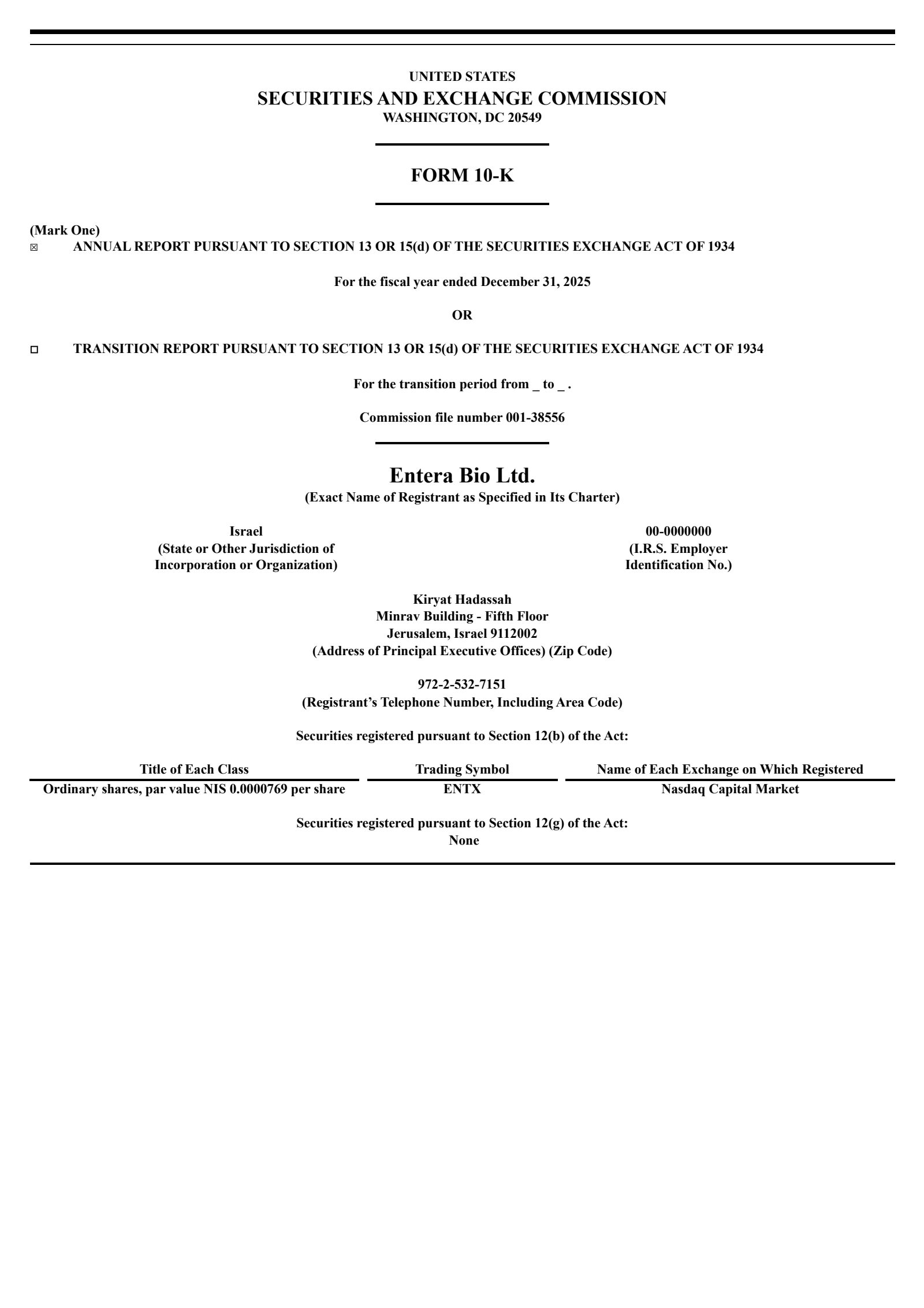Entera Bio's Q4 2025 Annual report