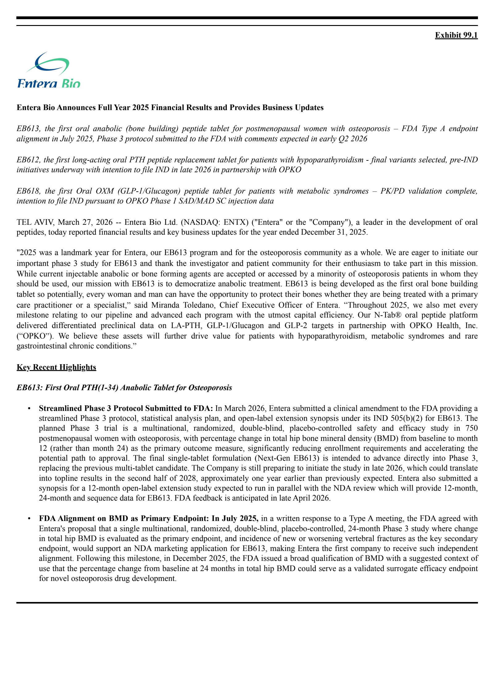 Entera Bio's Q4 2025 Press Release