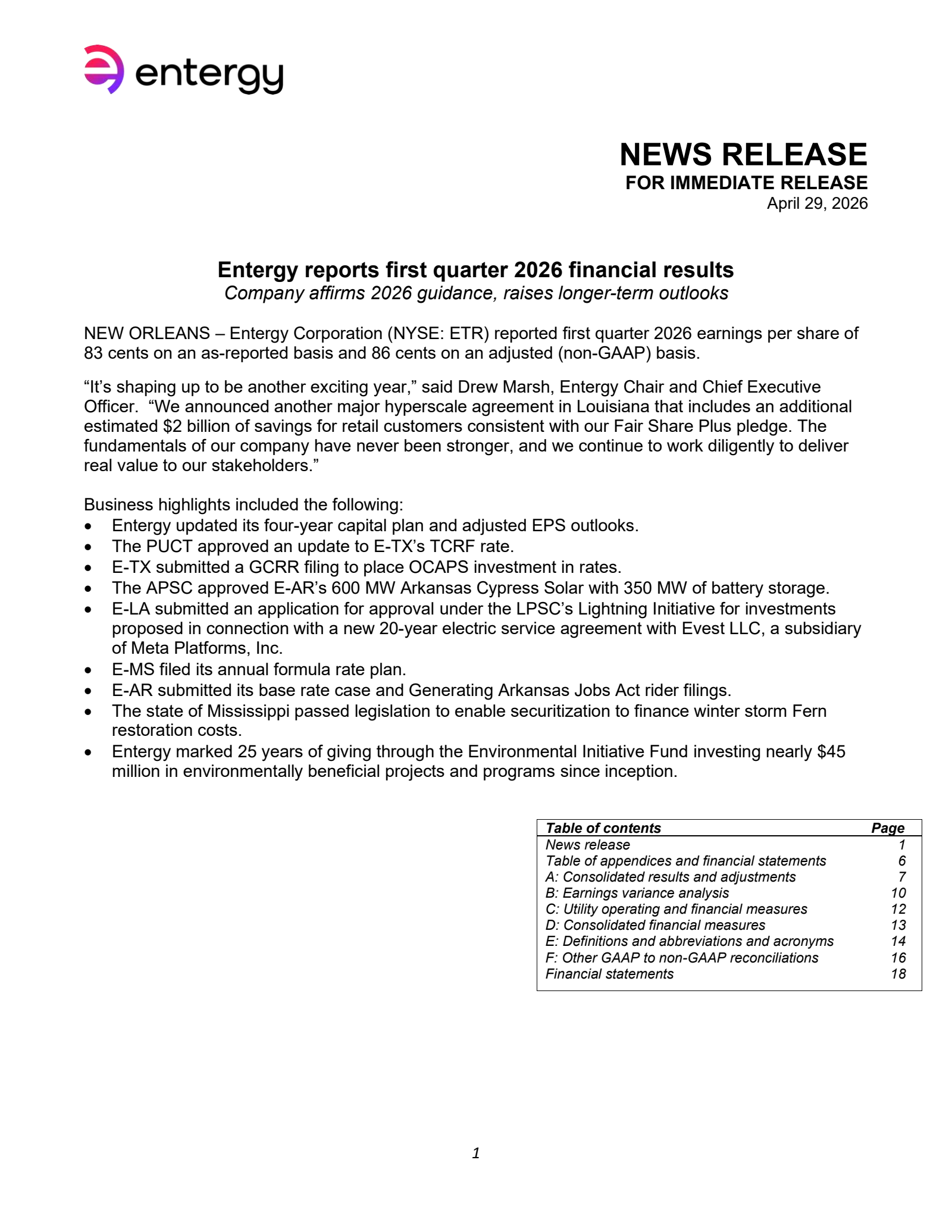 Entergy's Q1 2026 Press Release
