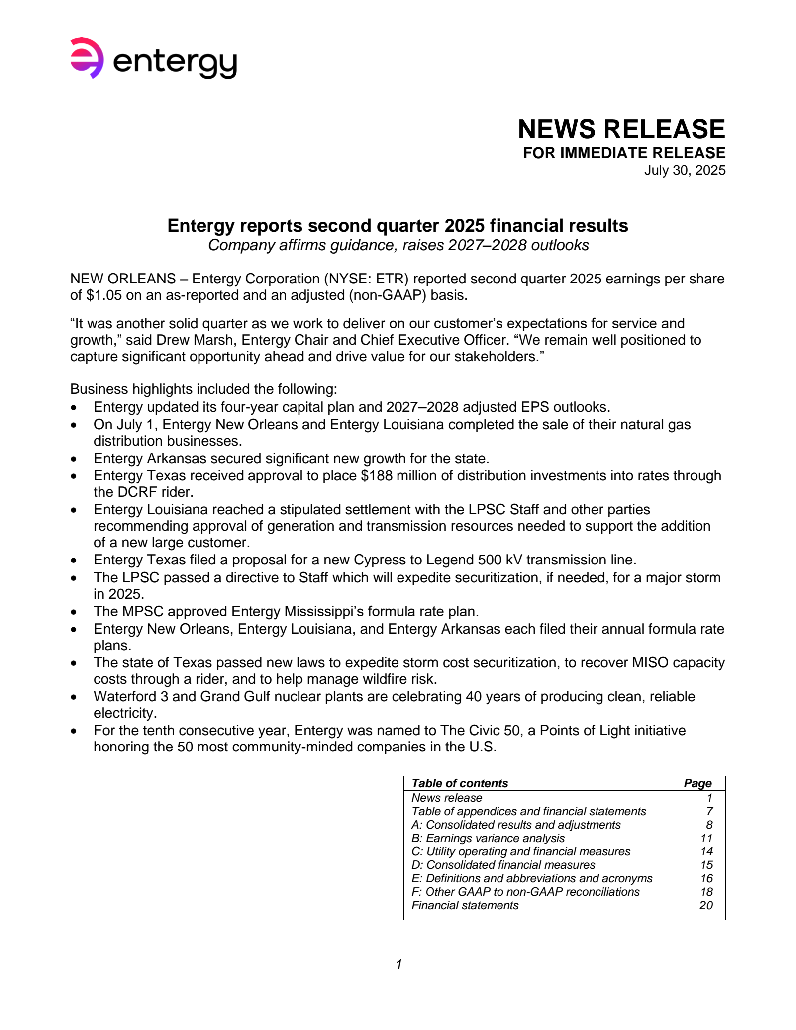 Entergy's Q2 2025 Press Release