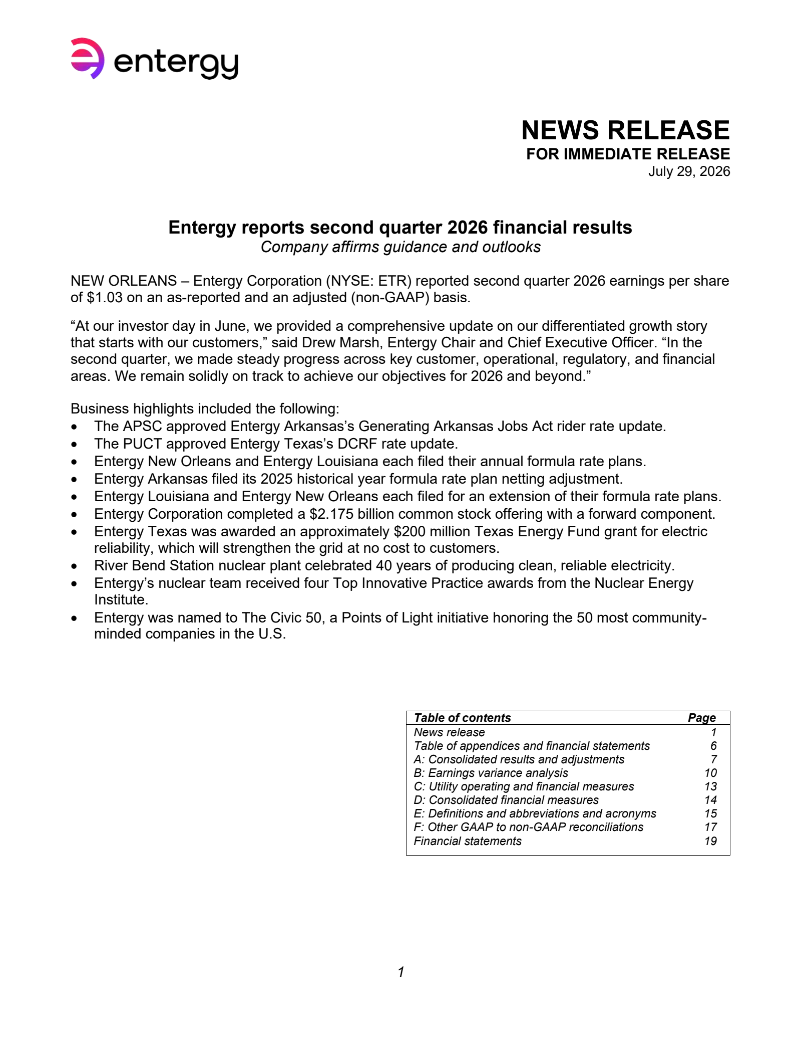 Entergy's Q2 2026 Press Release