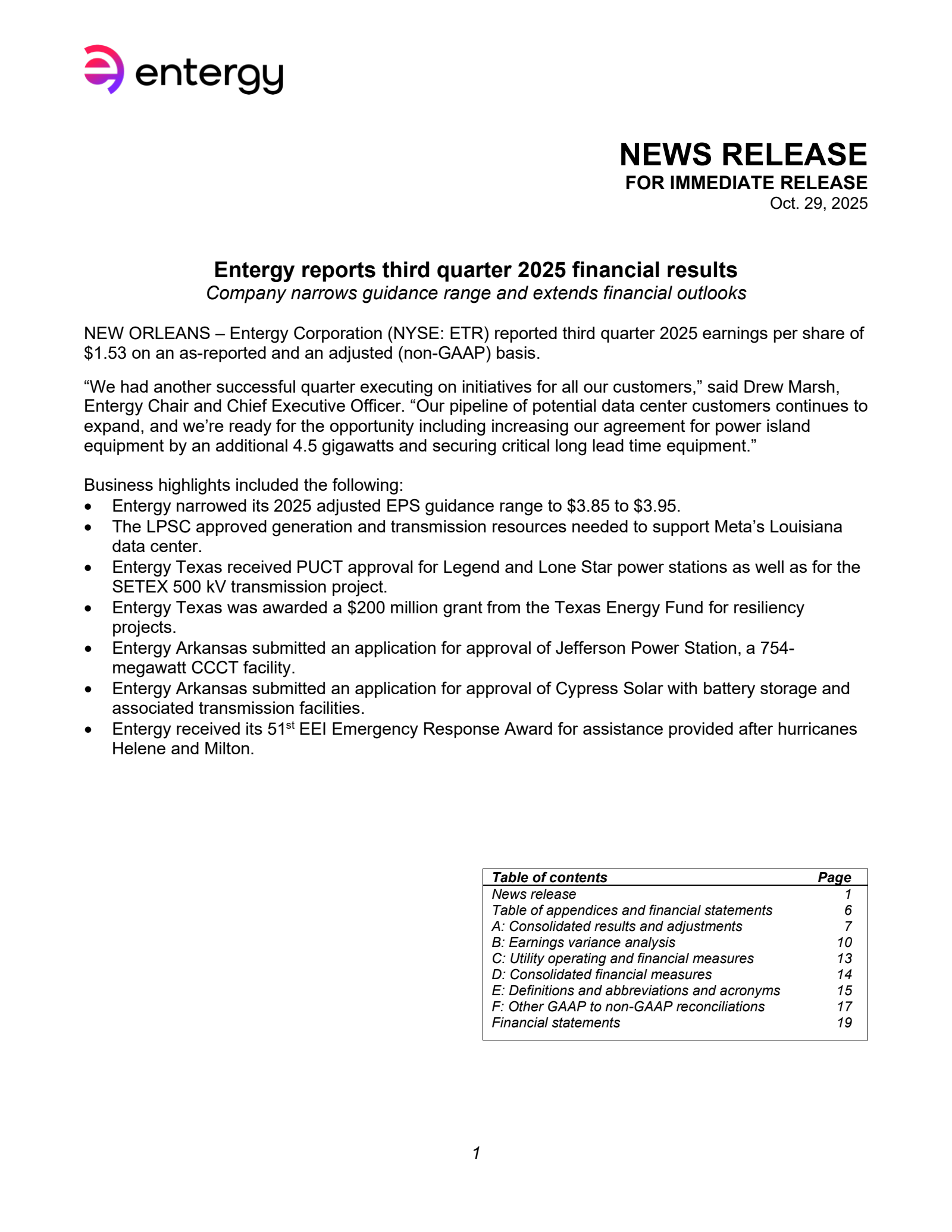 Entergy's Q3 2025 Earnings Release