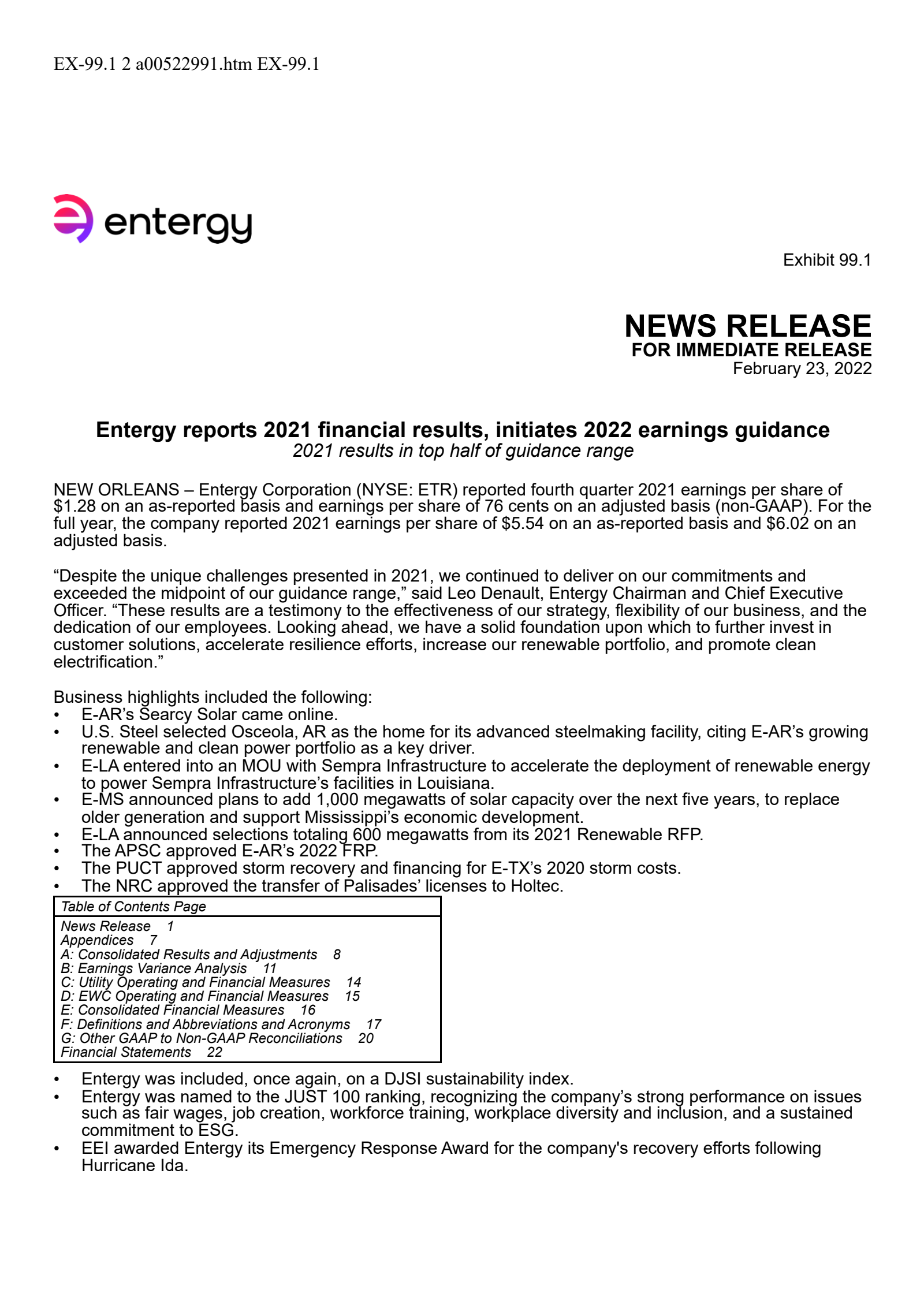 Entergy's Q4 2021 Press Release