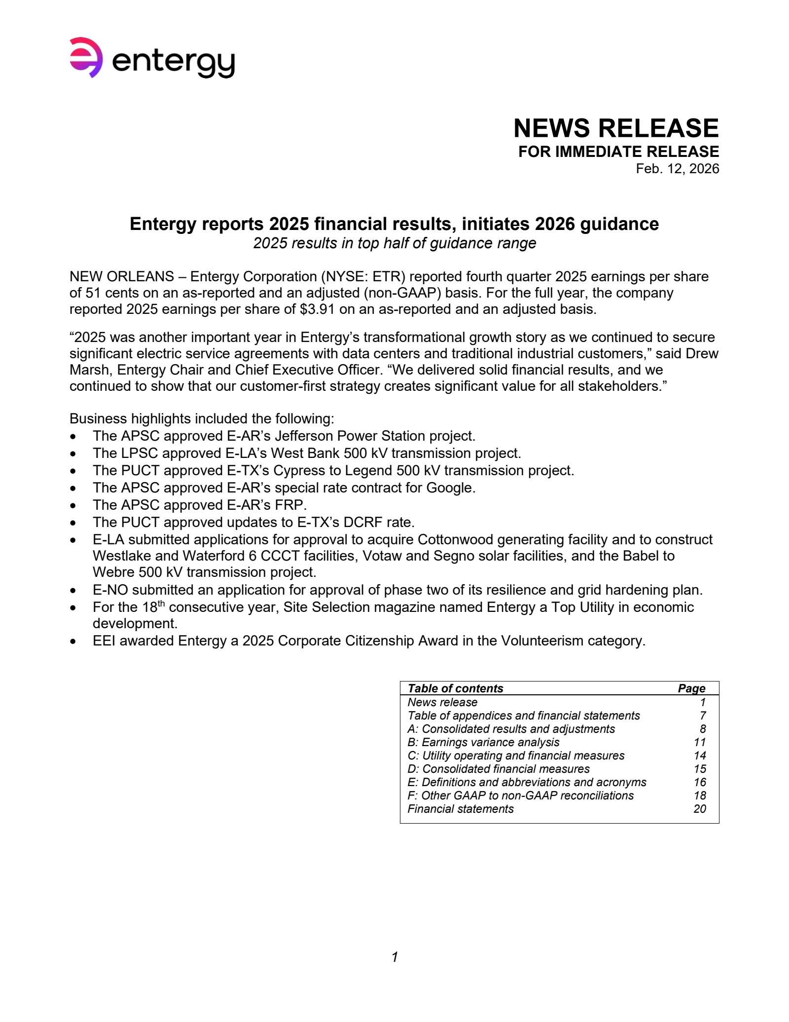 Entergy's Q4 2025 Press Release