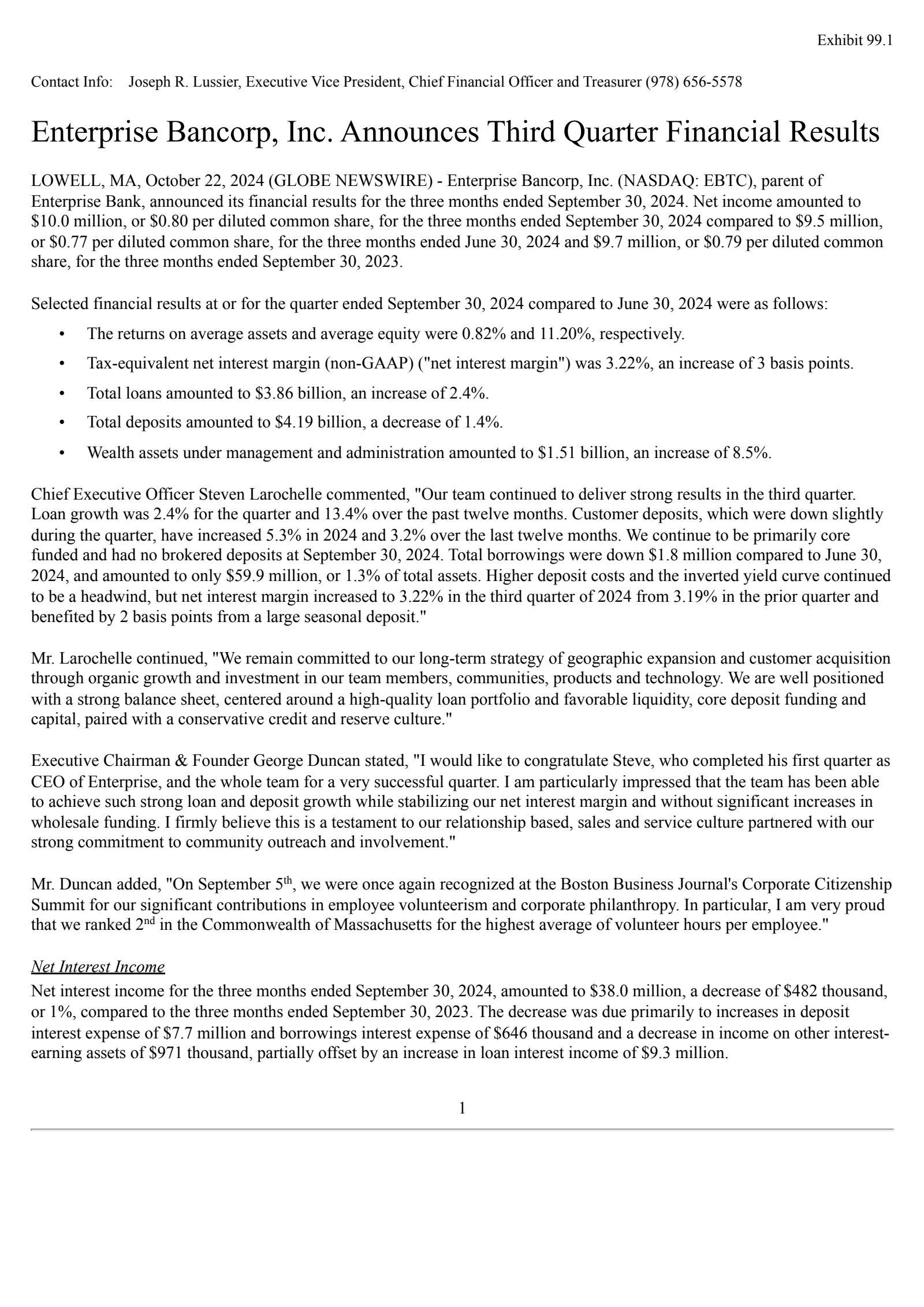 Enterprise Bancorp's Q3 2024 Press Release