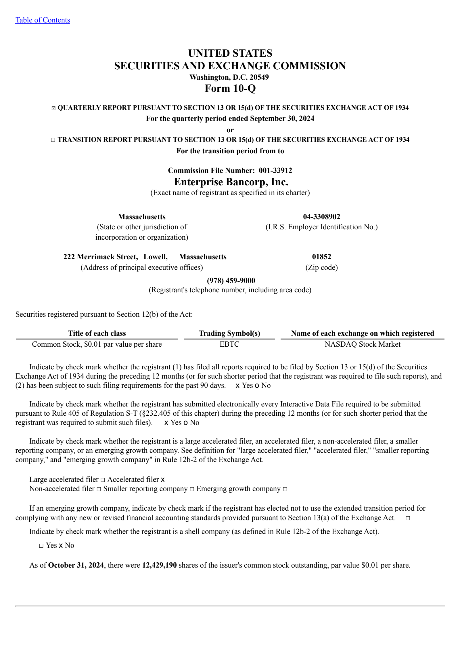 Enterprise Bancorp's Q3 2024 Quarterly report