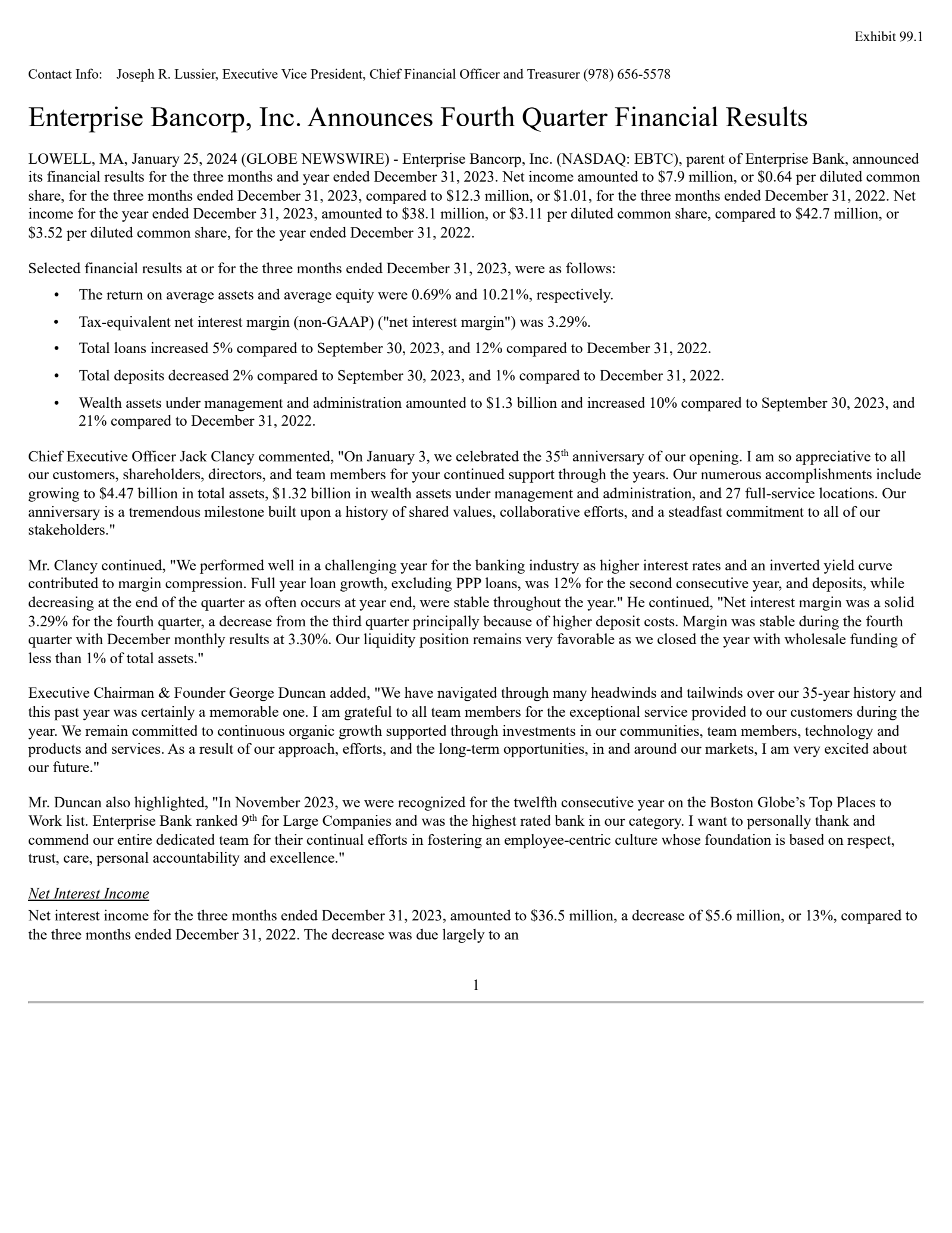 Enterprise Bancorp's Q4 2023 Press Release
