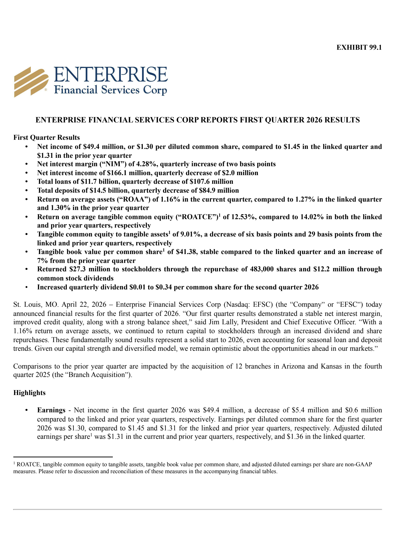 Enterprise Financial Services' Q1 2026 Press Release