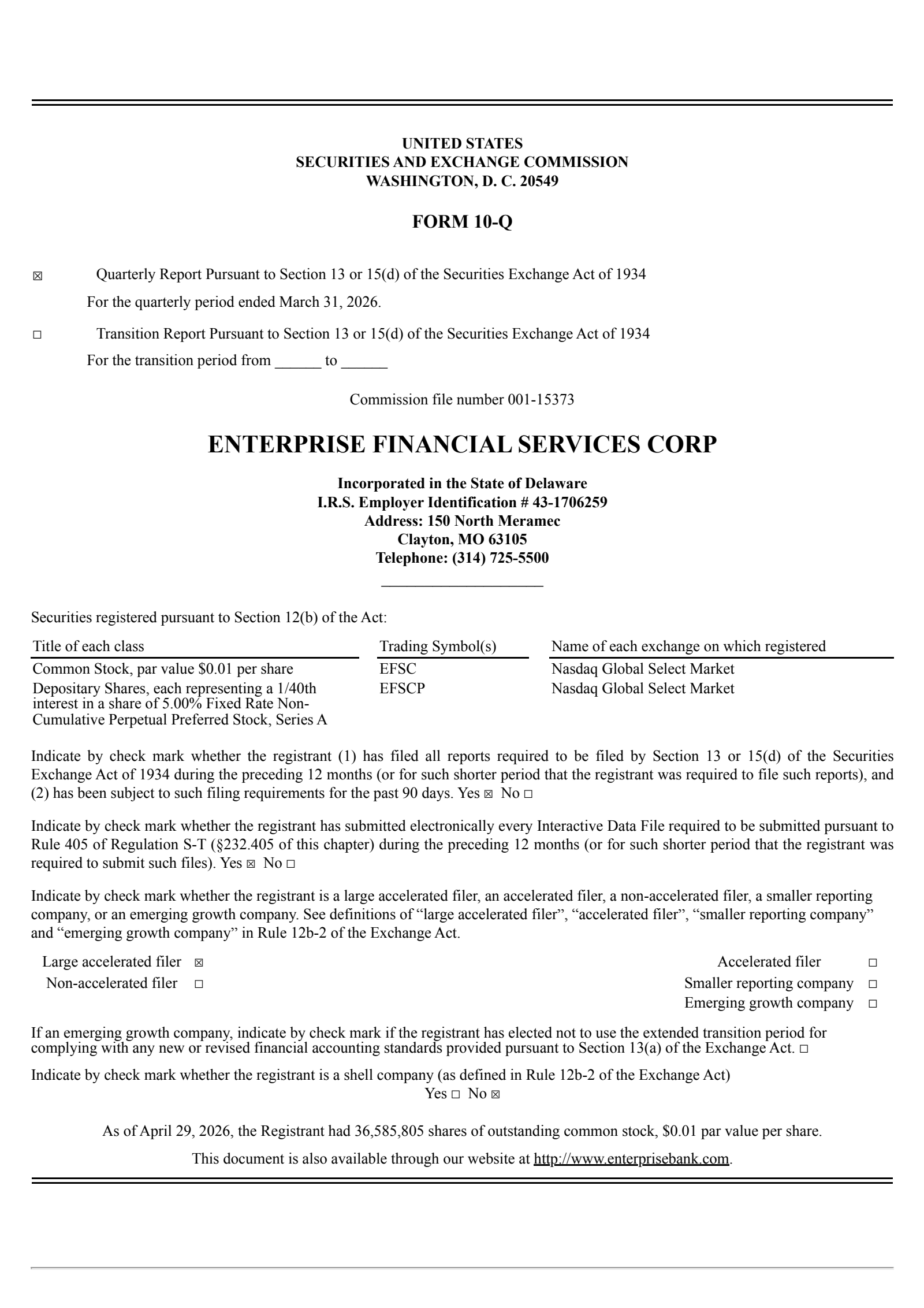Enterprise Financial Services' Q1 2026 Quarterly report
