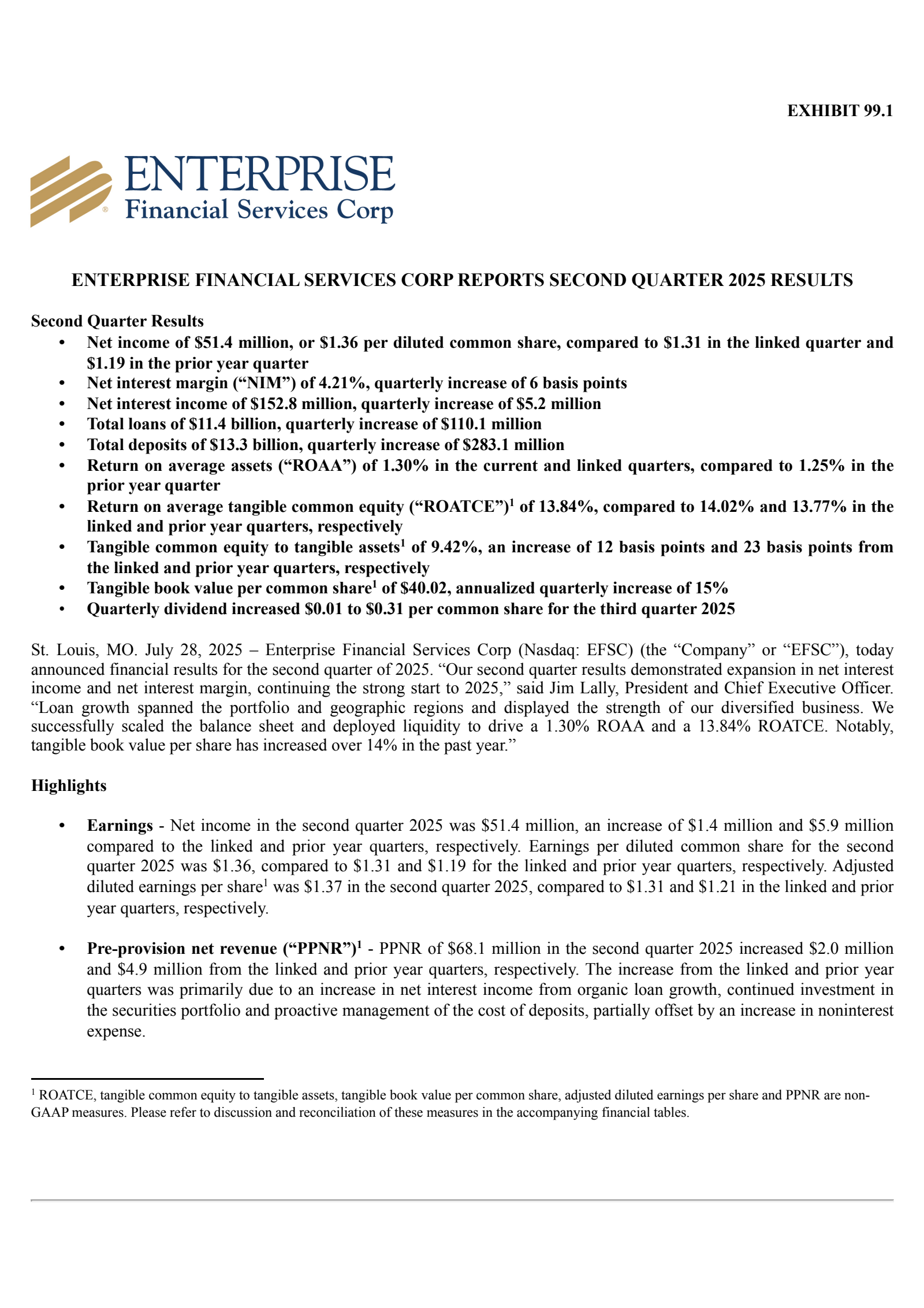 Enterprise Financial Services' Q2 2025 Press Release