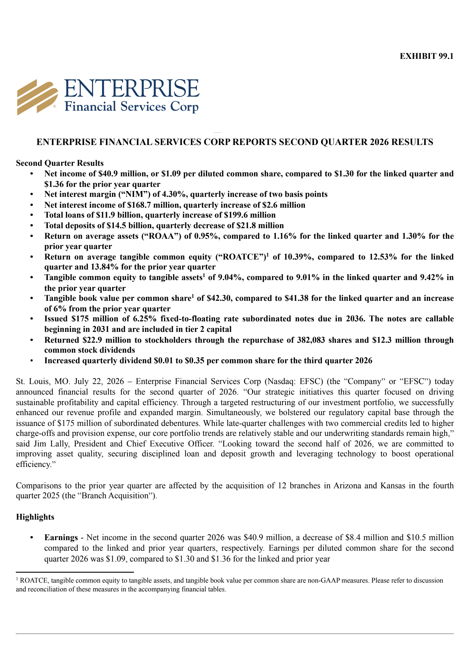 Enterprise Financial Services' Q2 2026 Press Release