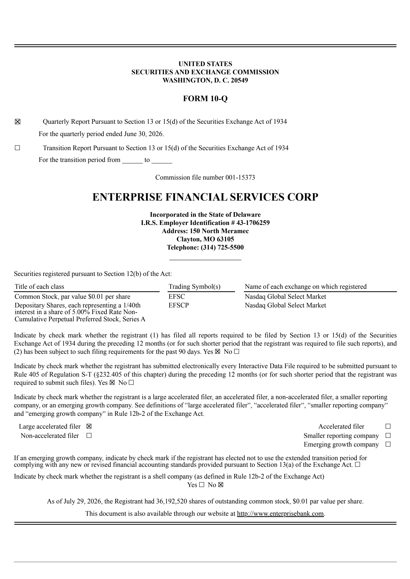 Enterprise Financial Services' Q2 2026 Quarterly report