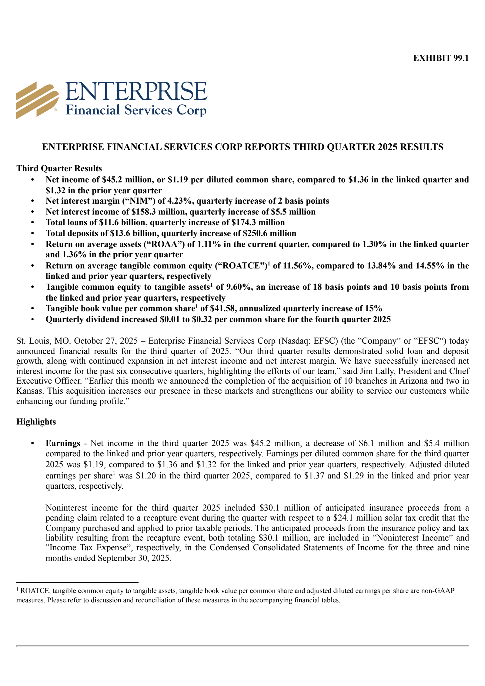 Enterprise Financial Services' Q3 2025 Earnings Release