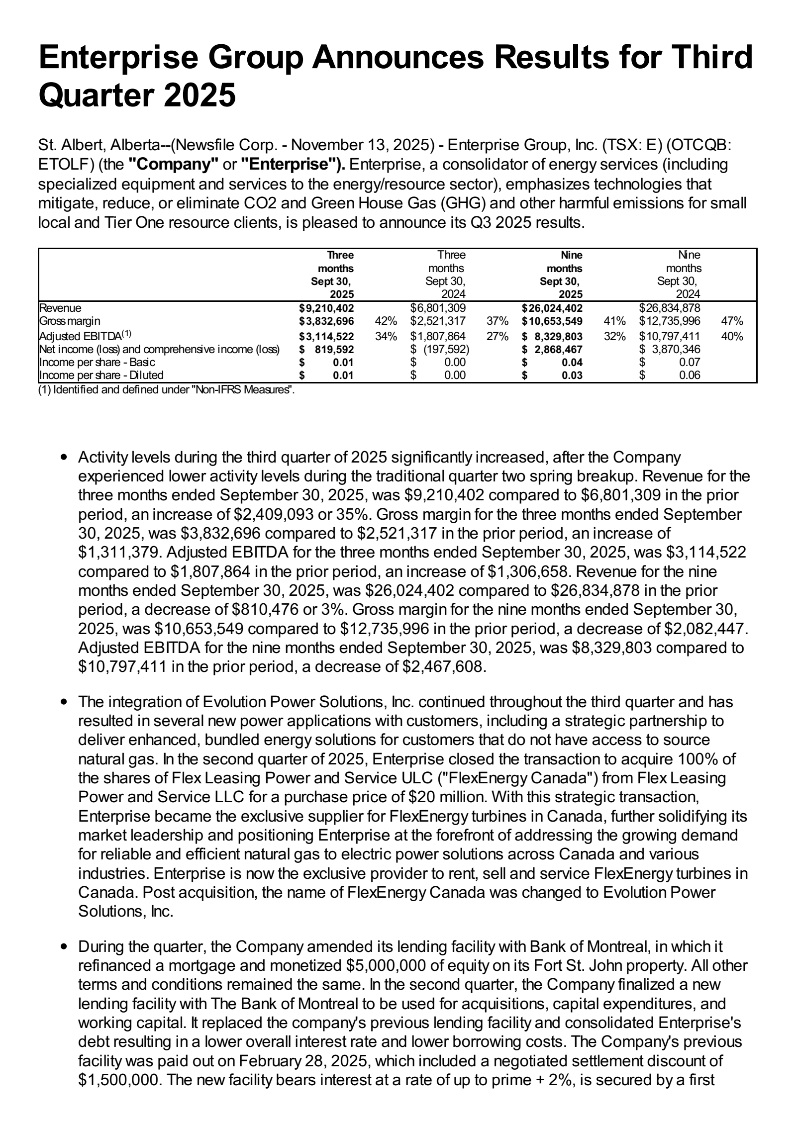 Enterprise Group's Q3 2025 Earnings Release