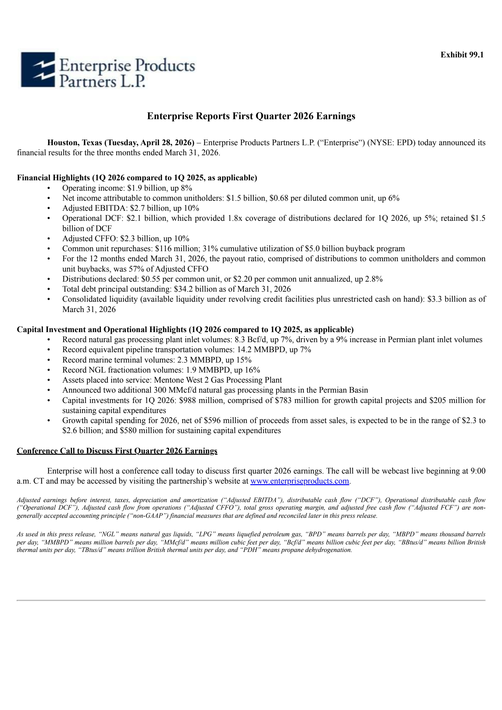 Enterprise Products Partners' Q1 2026 Press Release