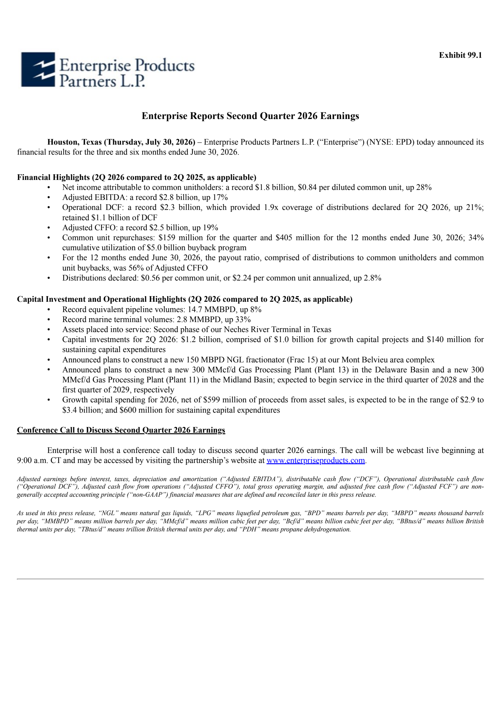 Enterprise Products Partners' Q2 2026 Press Release