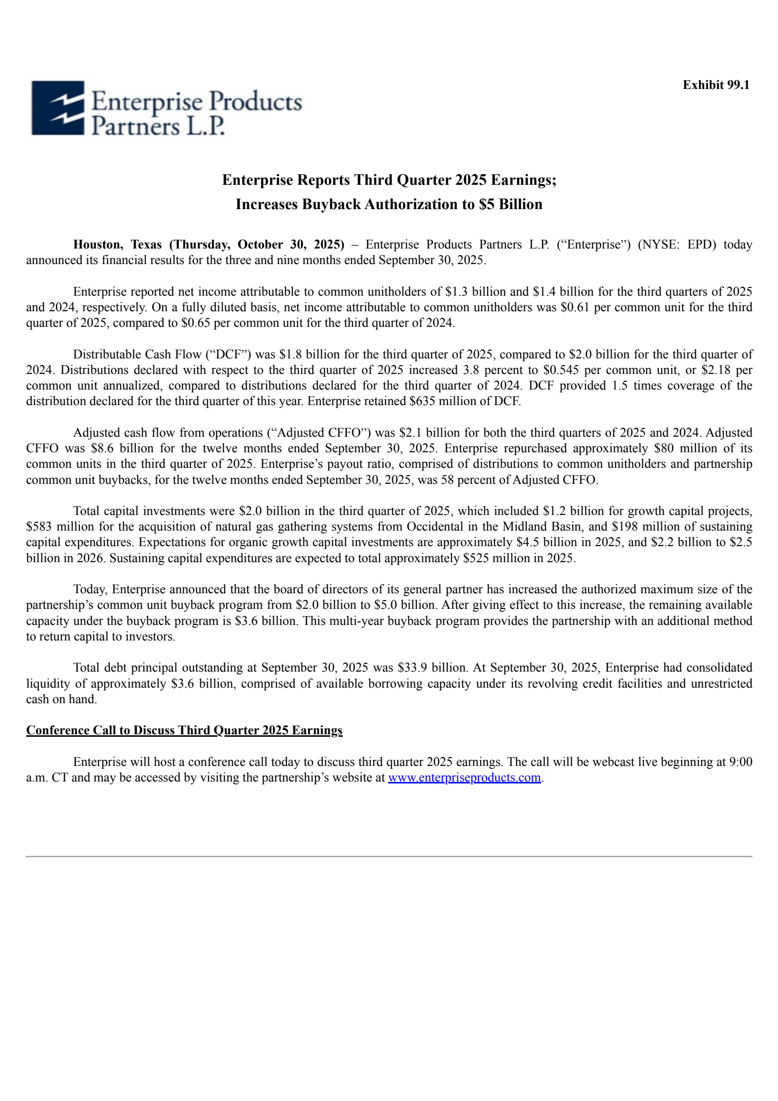 Enterprise Products Partners' Q3 2025 Earnings Release