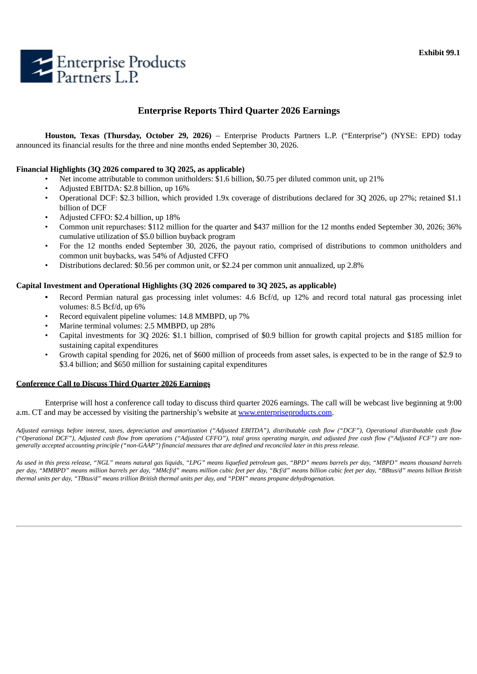 Enterprise Products Partners' Q3 2026 Press Release