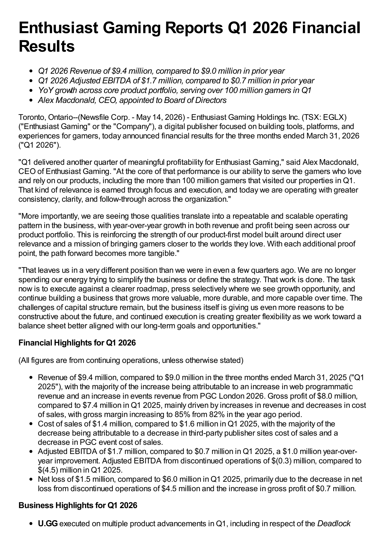 Enthusiast Gaming's Q1 2026 Press Release