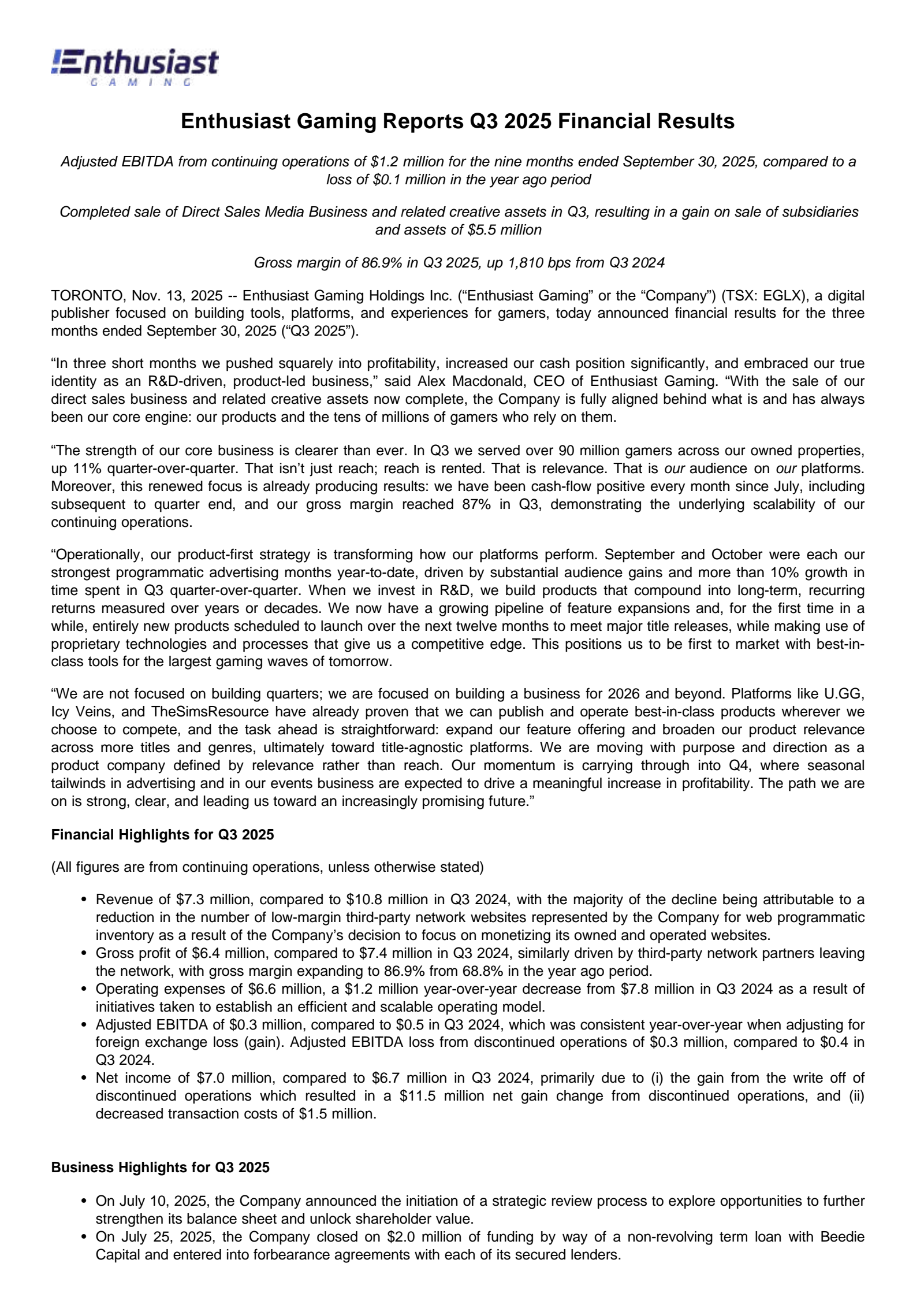 Enthusiast Gaming's Q3 2025 Earnings Release