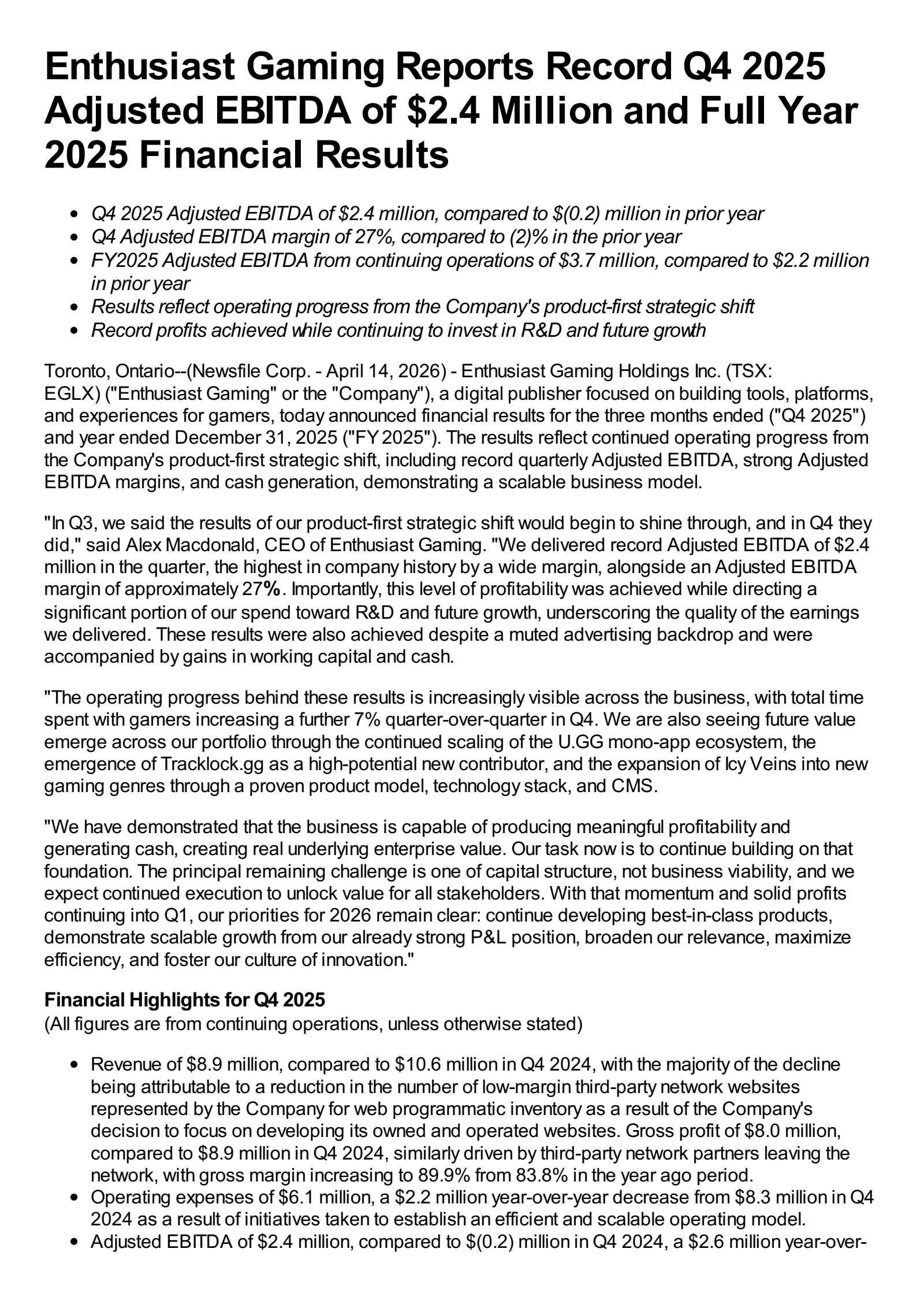 Enthusiast Gaming's Q4 2025 Press Release