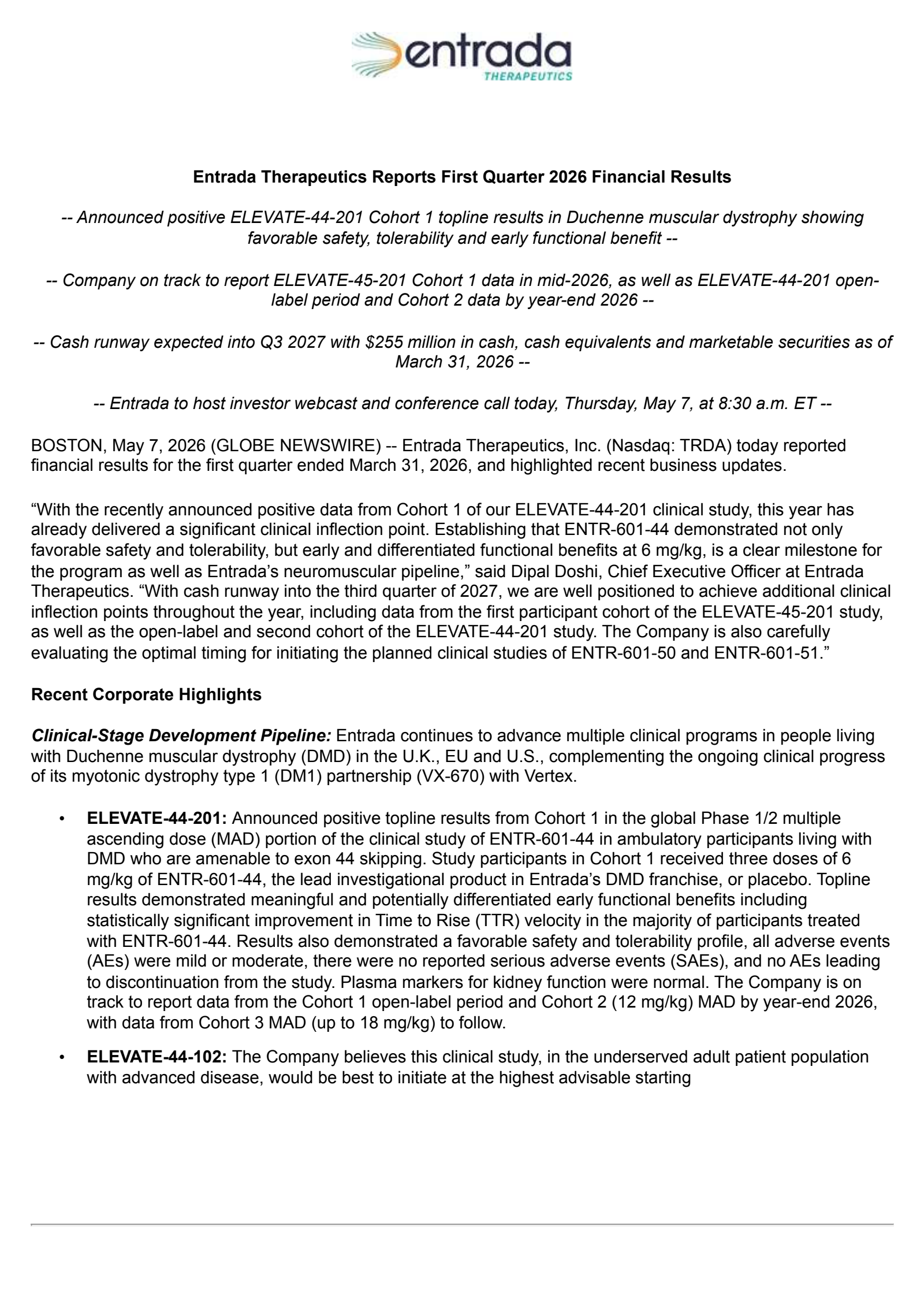 Entrada Therapeutics' Q1 2026 Press Release