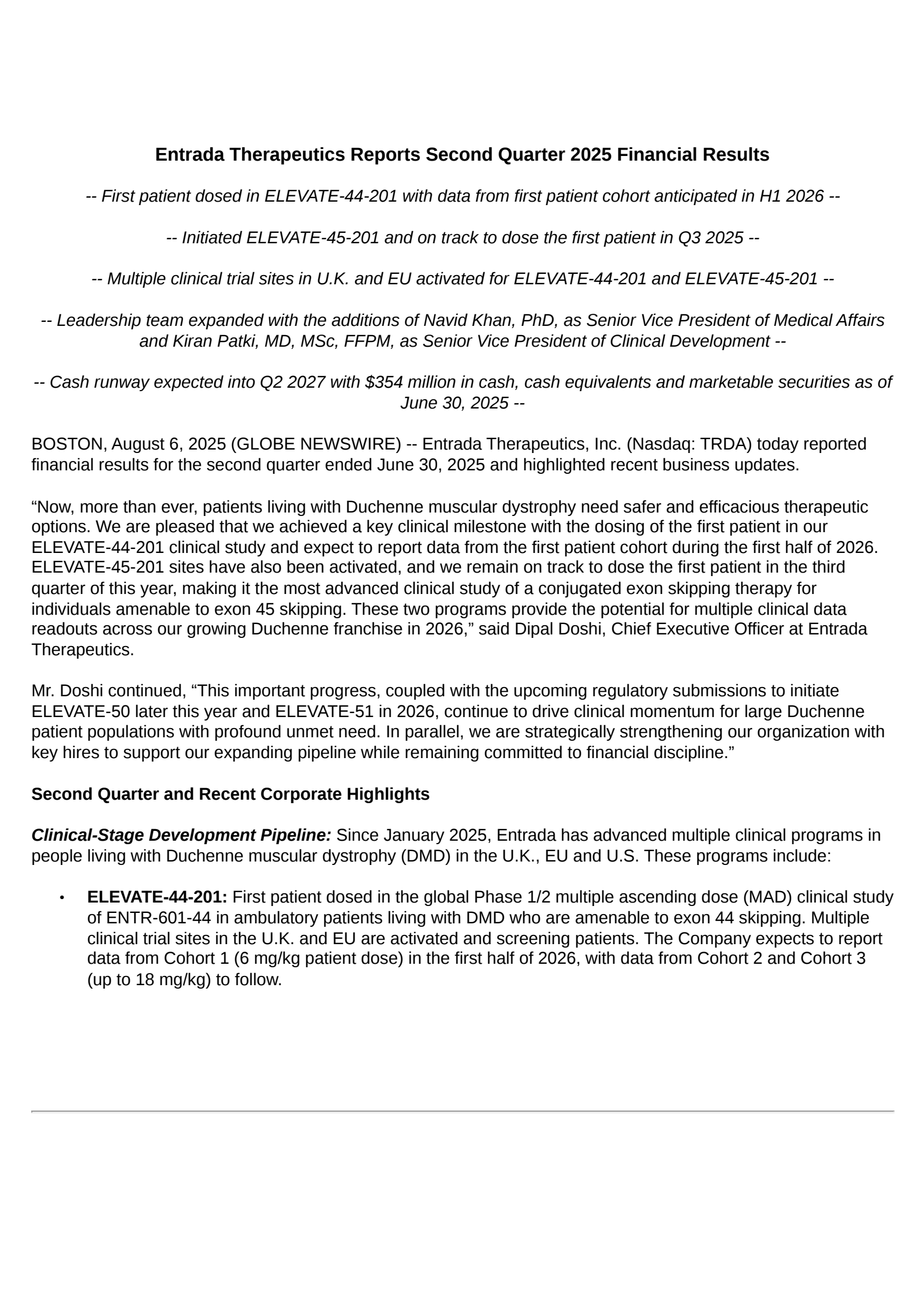 Entrada Therapeutics' Q2 2025 Press Release