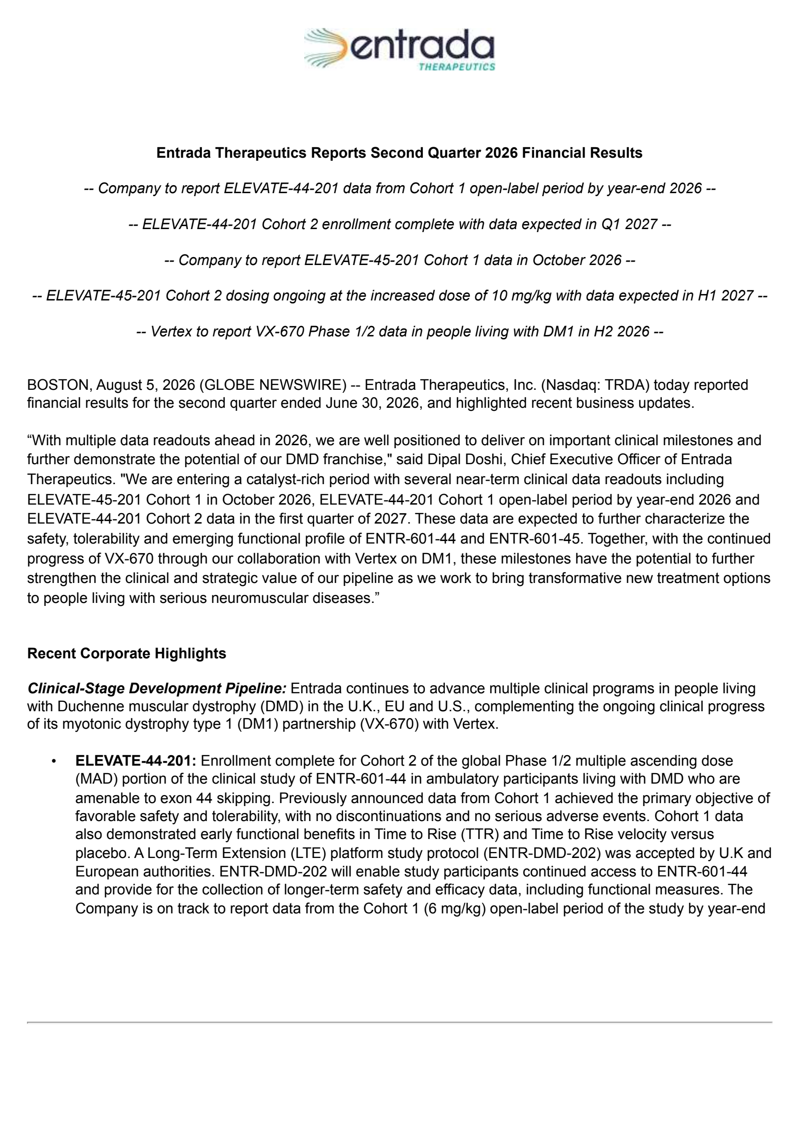 Entrada Therapeutics' Q2 2026 Press Release