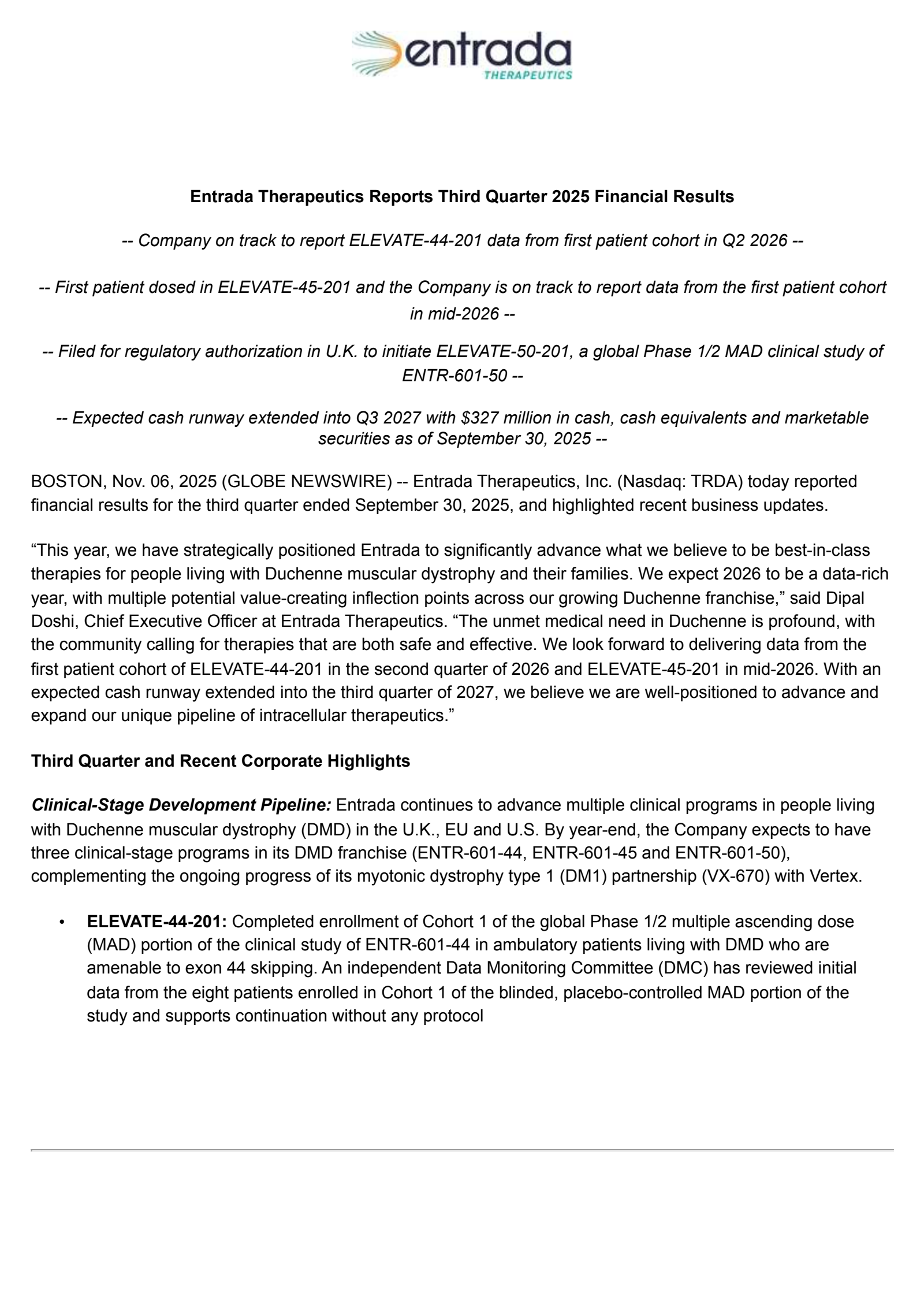 Entrada Therapeutics' Q3 2025 Earnings Release