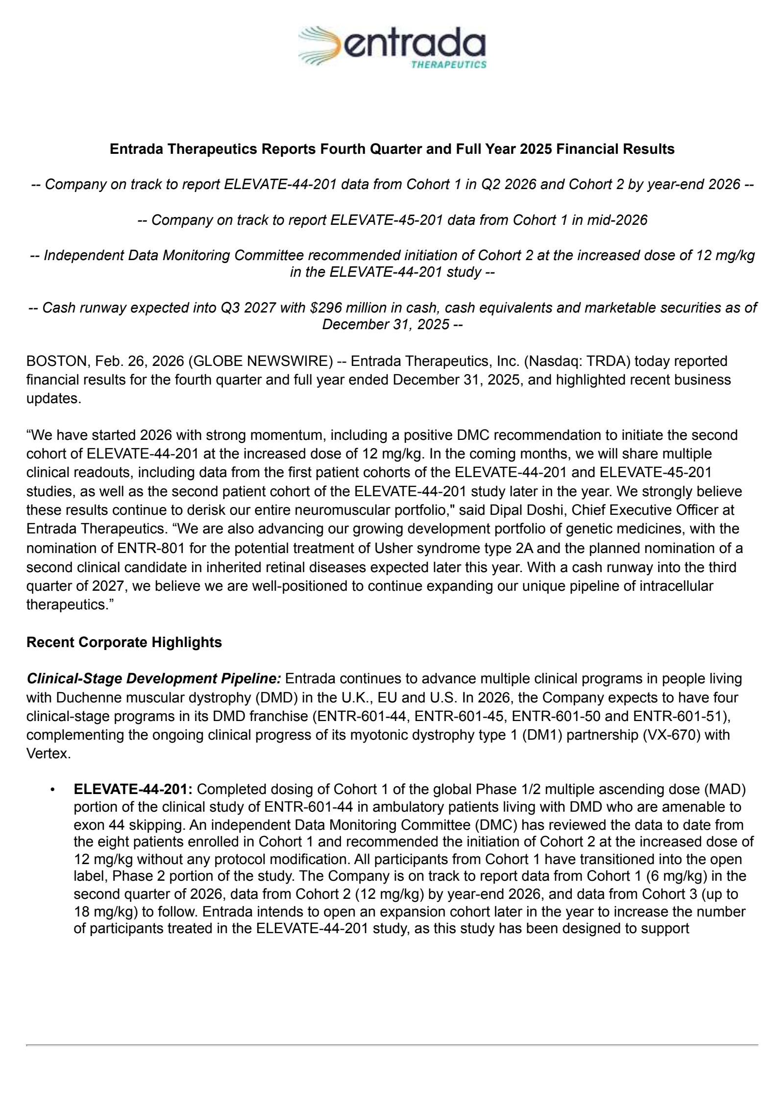 Entrada Therapeutics' Q4 2025 Press Release