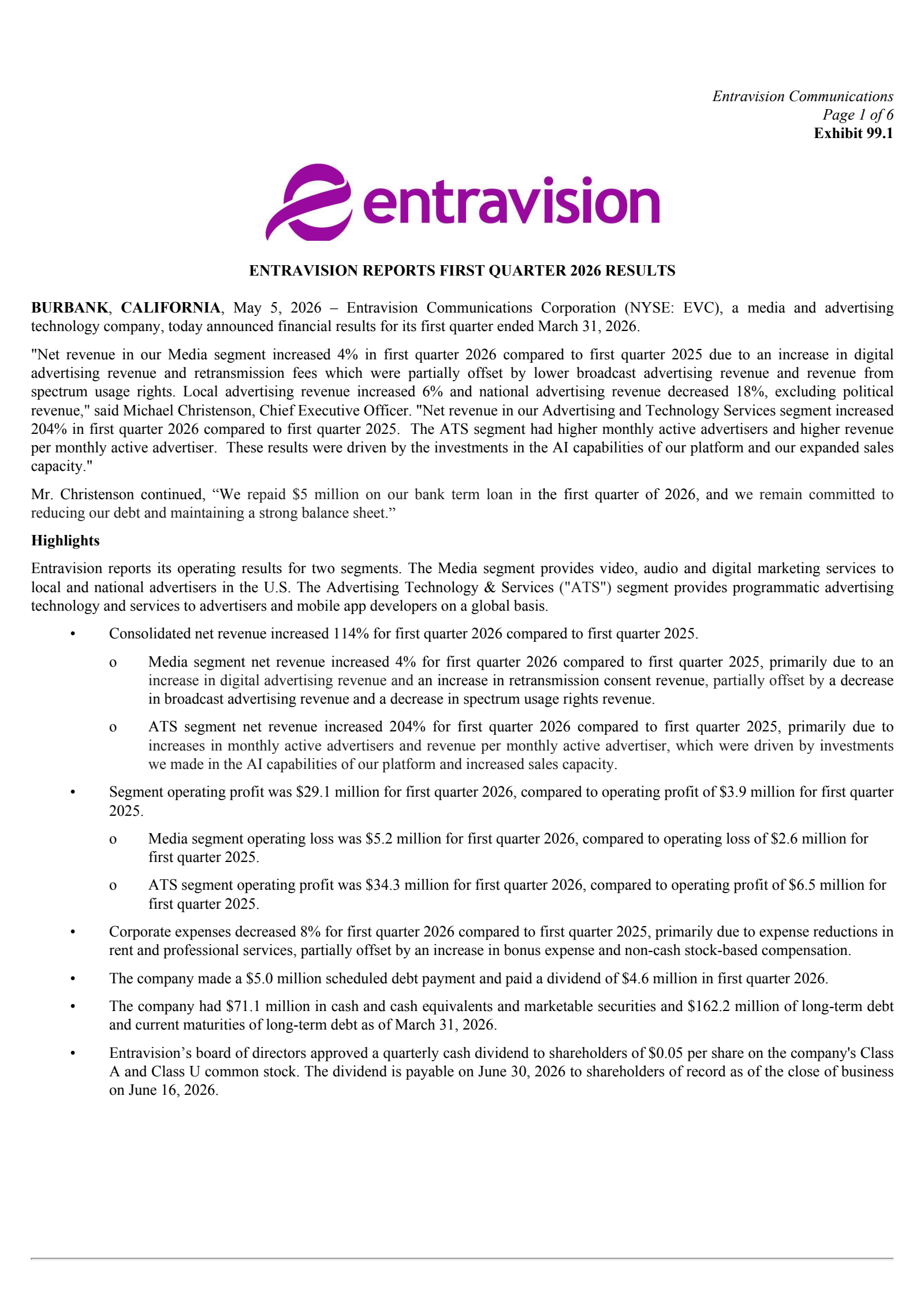 Entravision Communications' Q1 2026 Press Release